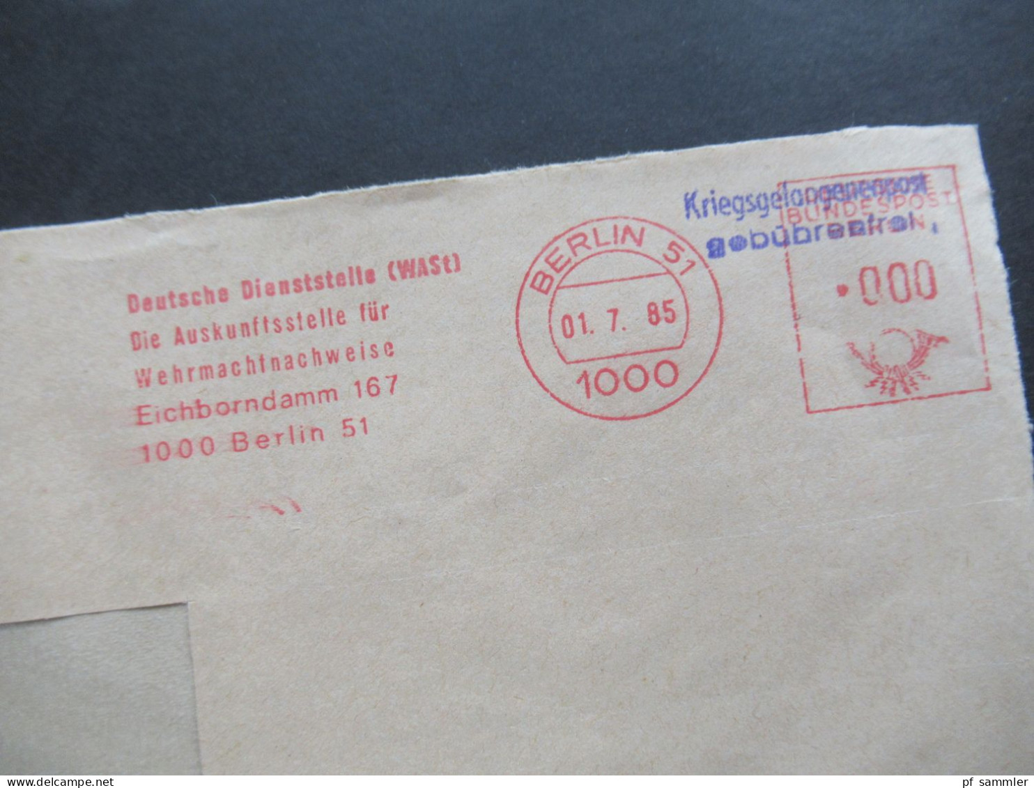 1985 AFS Berlin 51 Deutsche Dienststelle (WASt) Auskunftstelle Für Wehrmachtnachweise / Kriegsgefangenpost Gebührenfrei - Cartas & Documentos