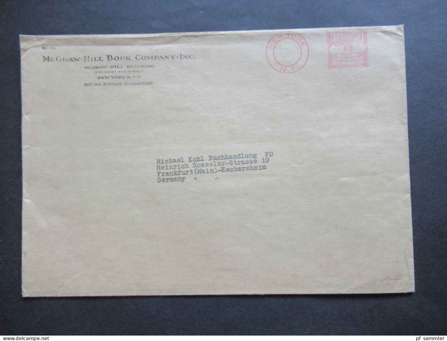 USA Ca. 1980er Jahre Freistempel US Postage New York / Umschlag Mc Graw Hill Book Company Inc. Nach FFM - Storia Postale