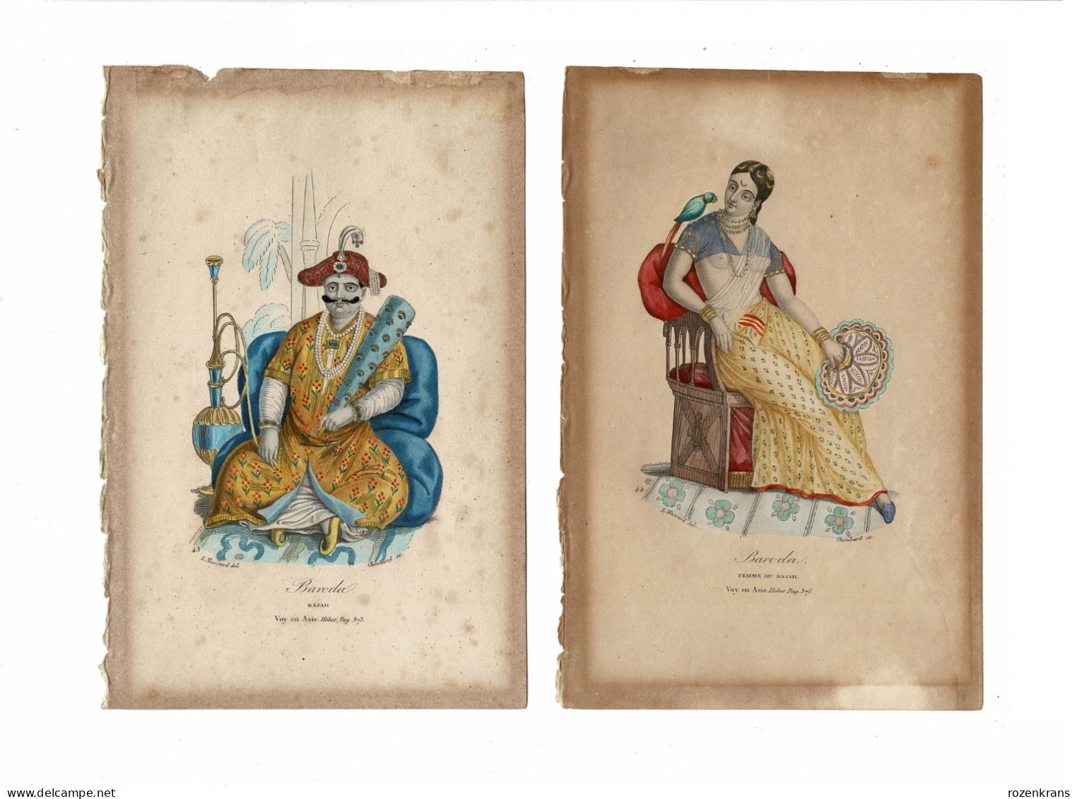 Two Old Antique Handcoloured Engraving (drawn By) Leopold Massard India Inde Rajah Of Baroda Femme Voyage En Asie HEBER - Arte Asiatica