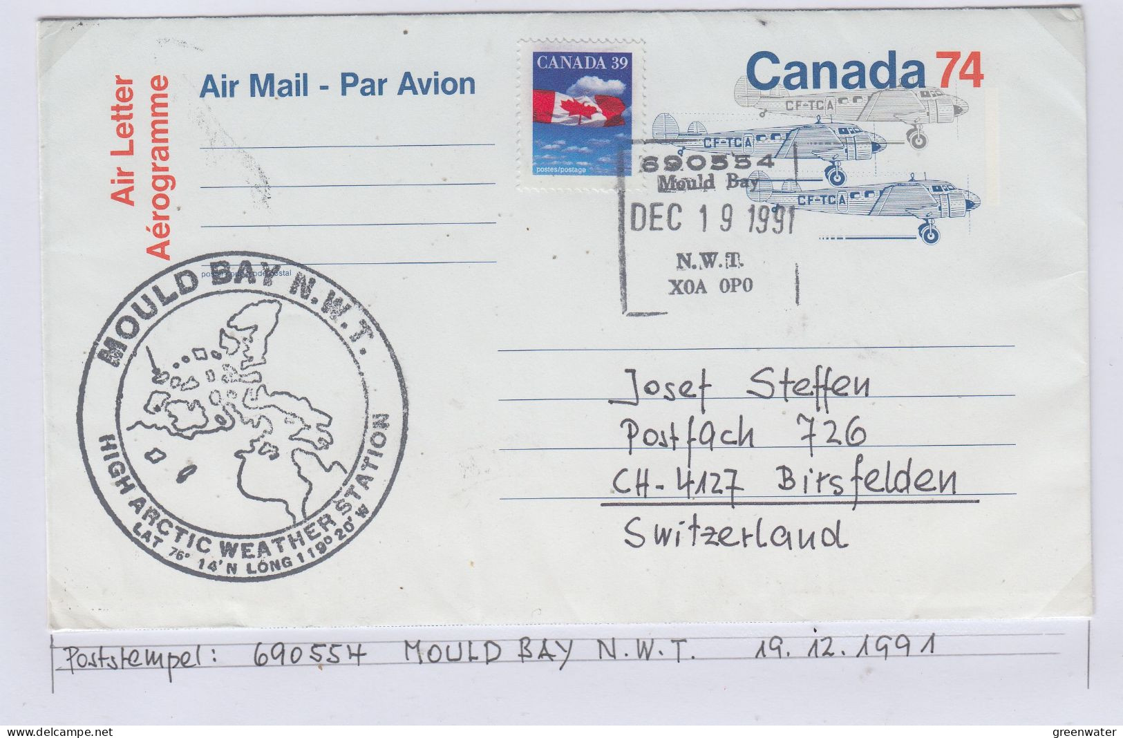 Canada Mould Bay High Antarctic Weather Station Ca Mould Bay DEC 19 1991 (BS178A) - Stations Scientifiques & Stations Dérivantes Arctiques