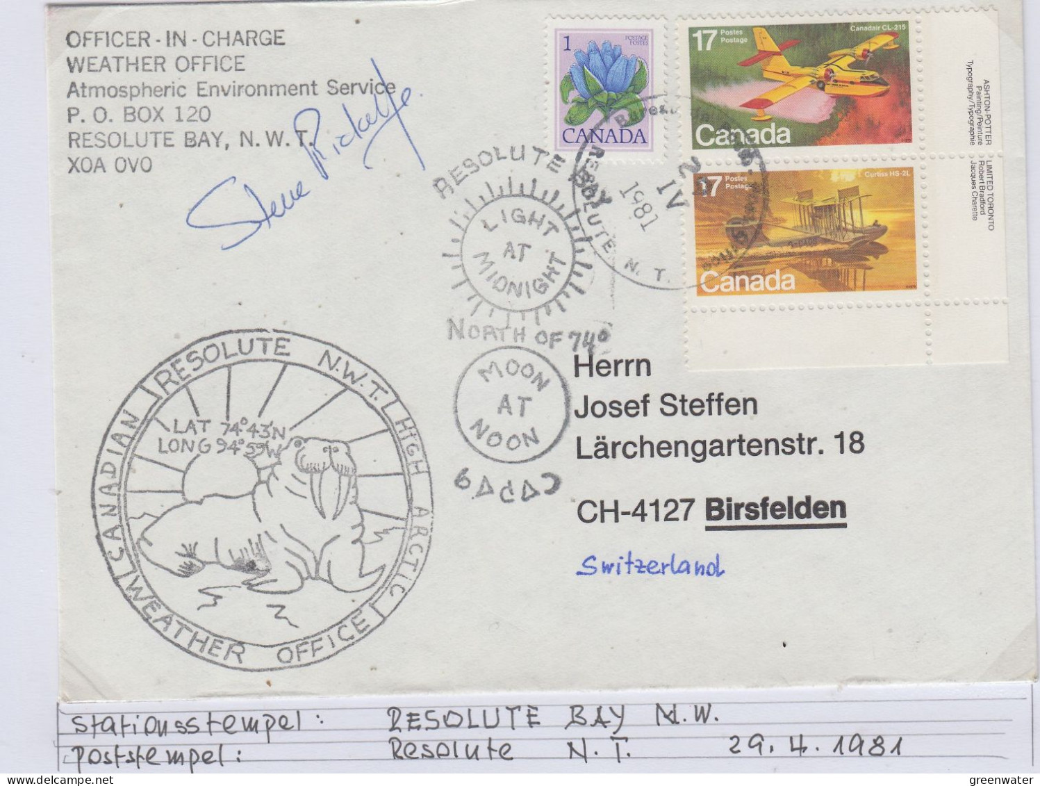 Canada Resolute Bay Weather Office Signature Officer In Charge Ca Resolute 29.4.1981 (BS179A) - Forschungsstationen & Arctic Driftstationen