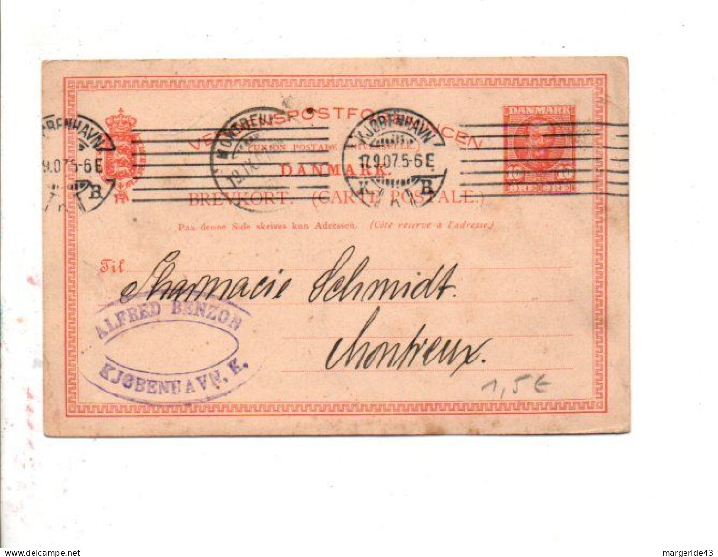 DANEMARK ENTIER CARTE POUR LA SUISSE 1907 - Lettres & Documents