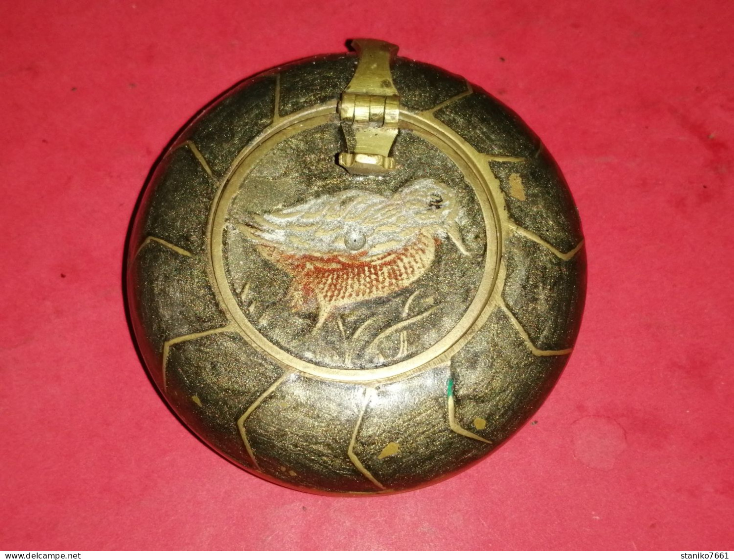 CENDRIER DE VOYAGE LAITON EMAILLE MOTIF OISEAU A DATER VOIR PHOTOS - Ashtrays