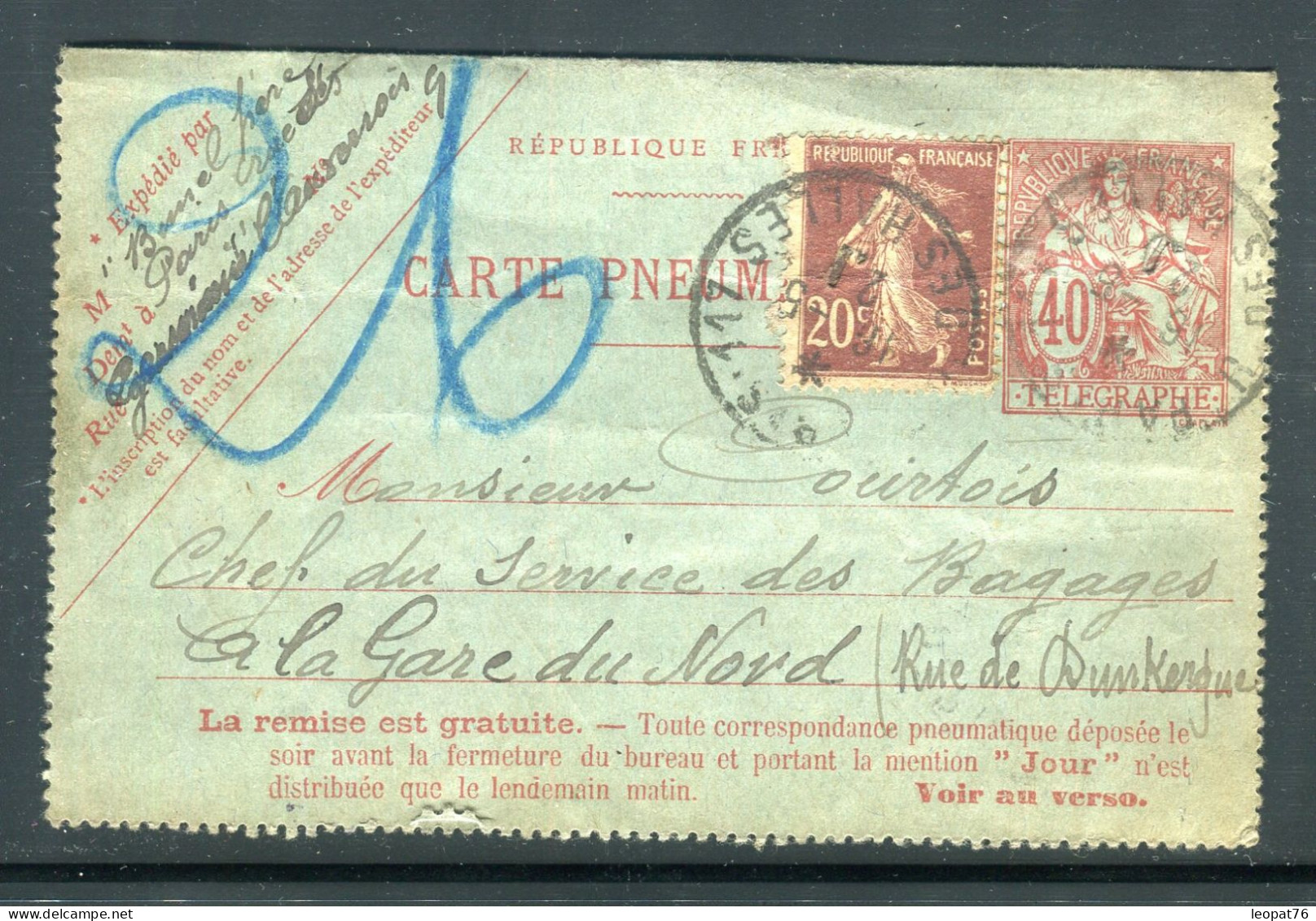 Carte Pneumatique De Paris Pour Le Chef Des Bagages De La Gare Du Nord En 1921 - M 78 - Rohrpost