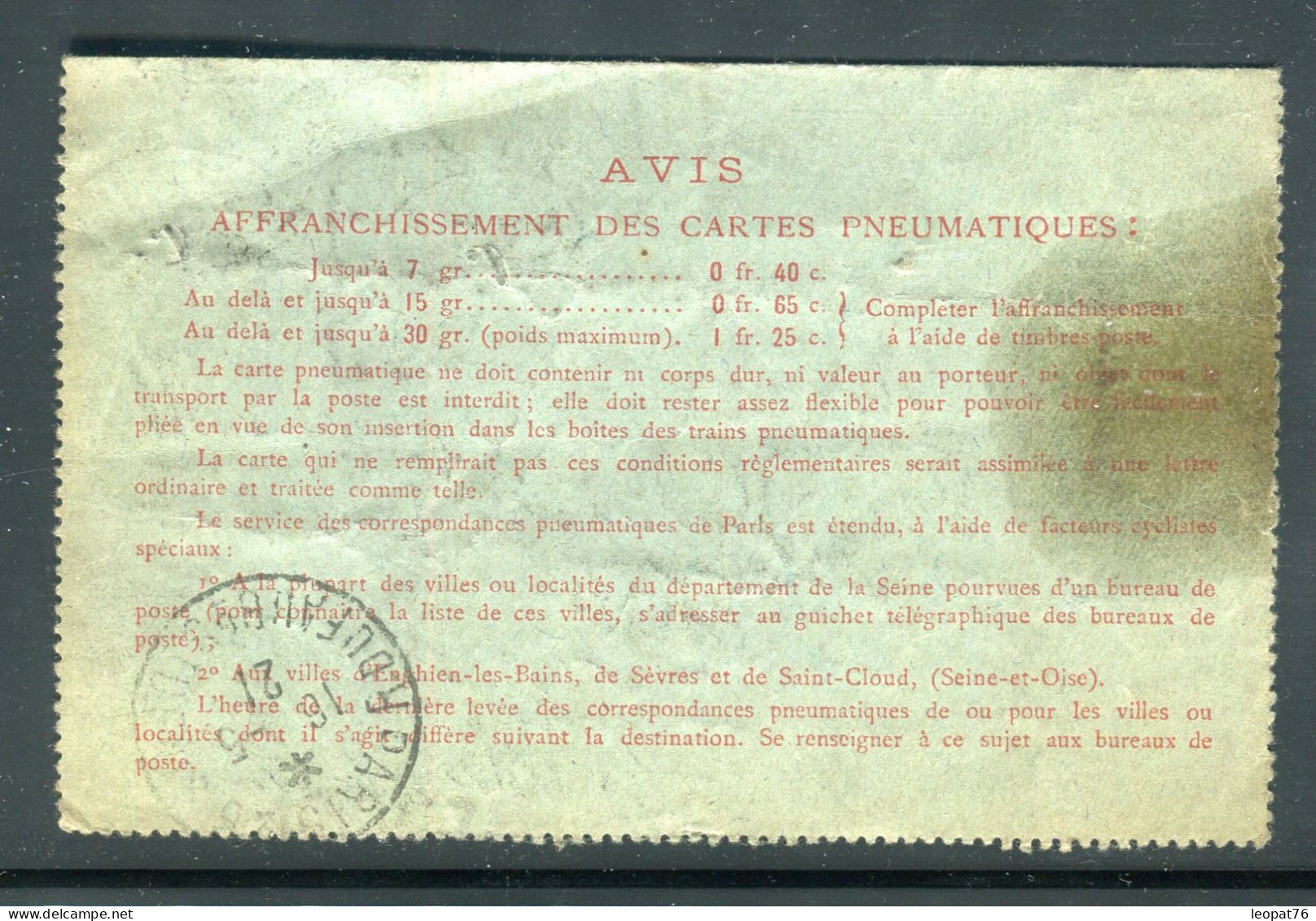 Carte Pneumatique De Paris Pour Le Chef Des Bagages De La Gare Du Nord En 1921 - M 78 - Pneumatiques