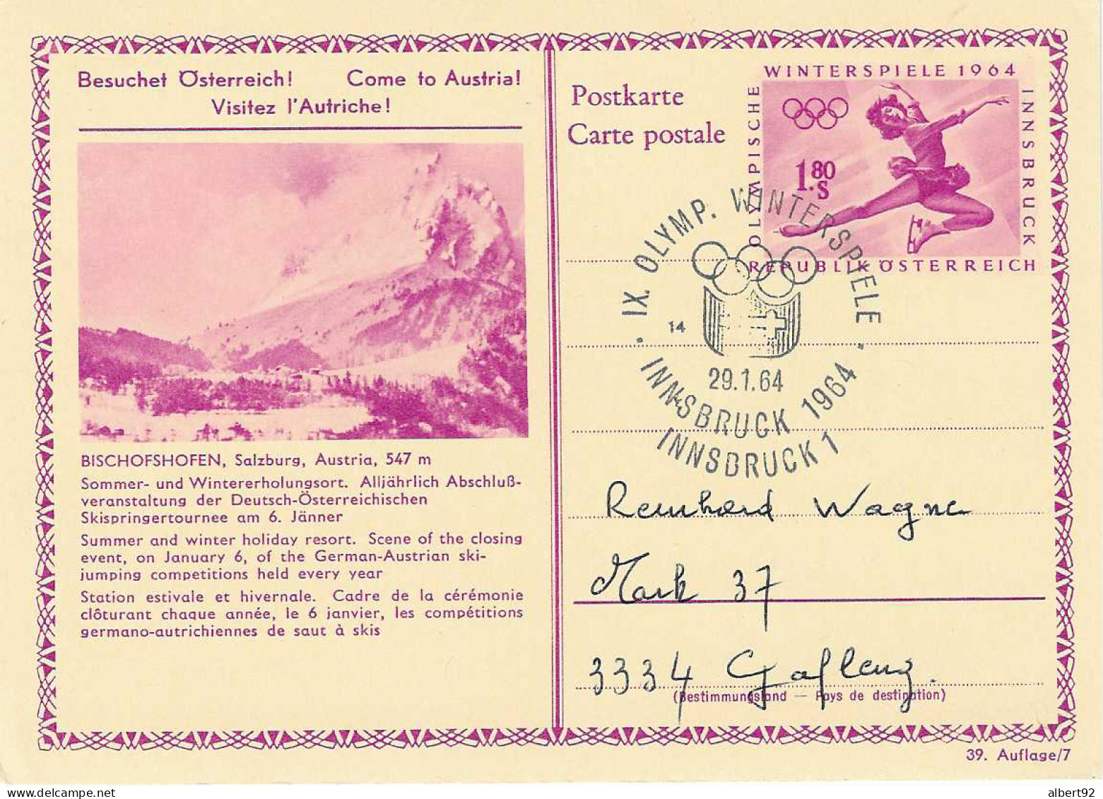 1964 Jeux Olympiques D'Hiver D'Innsbruck: Entier Postal - Hiver 1964: Innsbruck