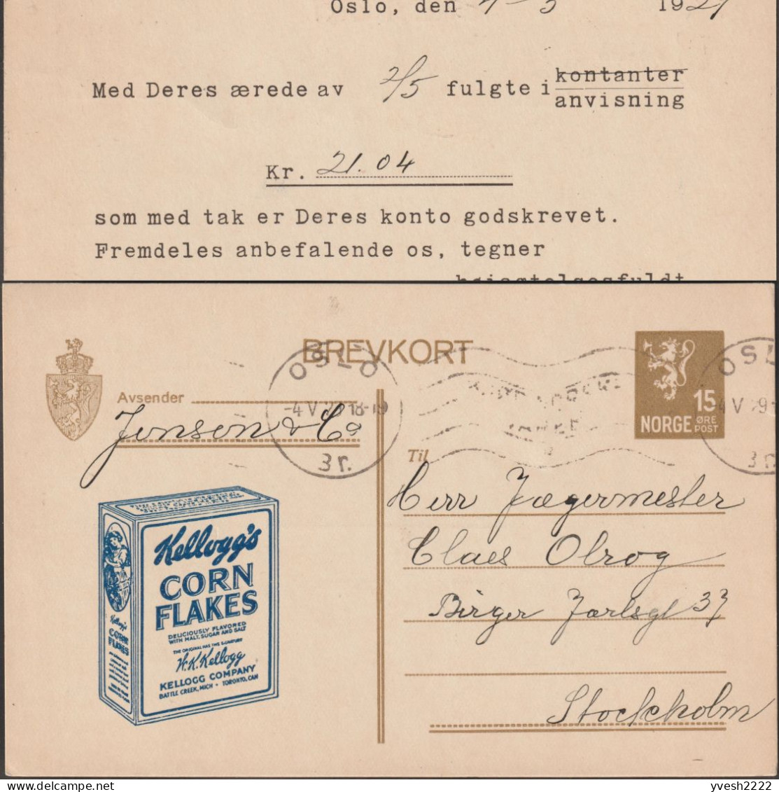 Norvège 1929. Carte Postale Annonce, Vendue à Tarif Réduit. Kellogg's Corn Flakes, Maïs, Malt, Sucre, Sel - Alimentation