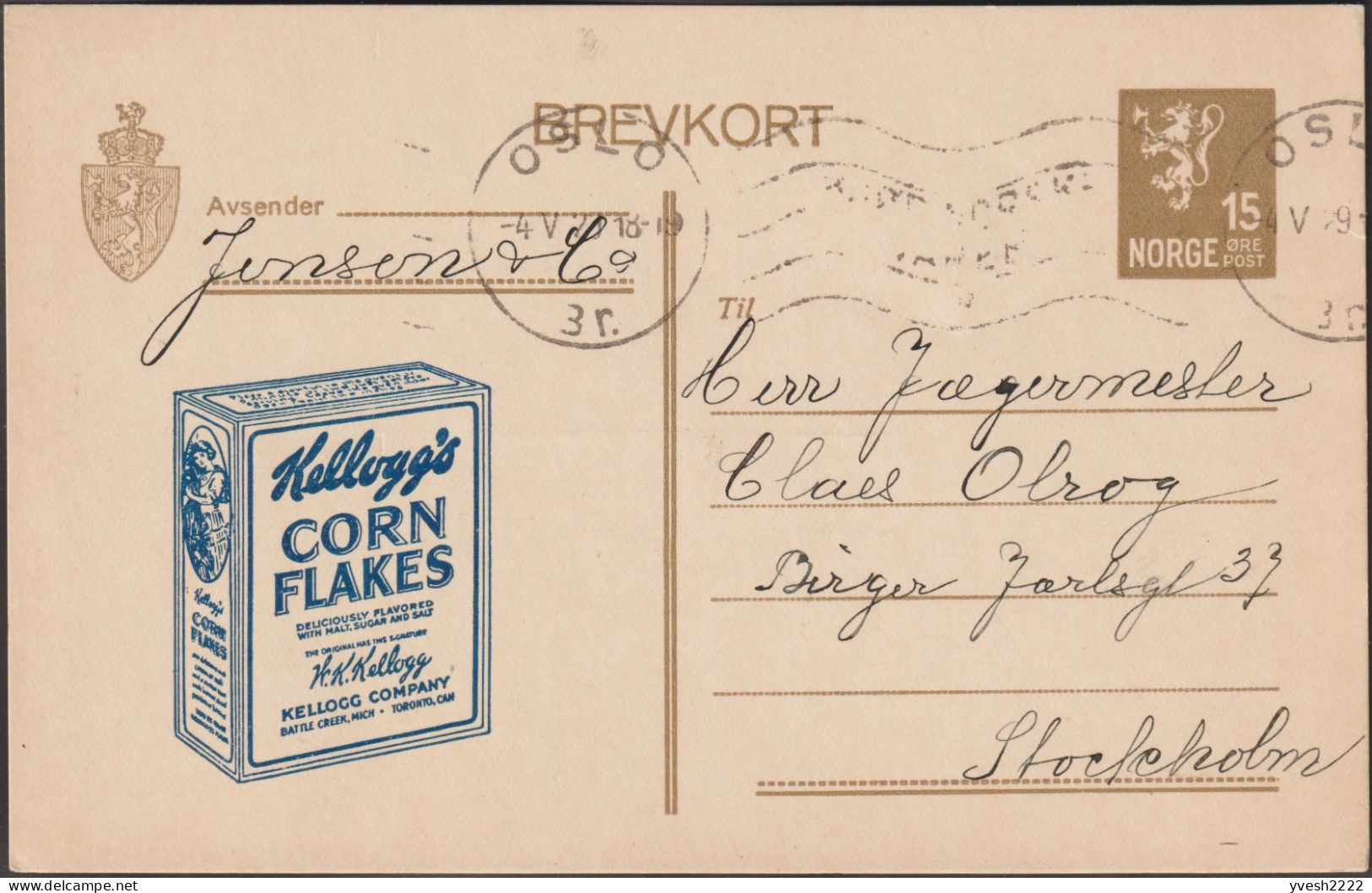 Norvège 1929. Carte Postale Annonce, Vendue à Tarif Réduit. Kellogg's Corn Flakes, Maïs, Malt, Sucre, Sel - Alimentation