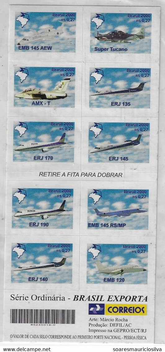 2000 Complete Booklet 10 Stamp Brazil Exports Airplane Brazilian Aeronautical Company EMBRAER Transport Civil & Military - Carnets