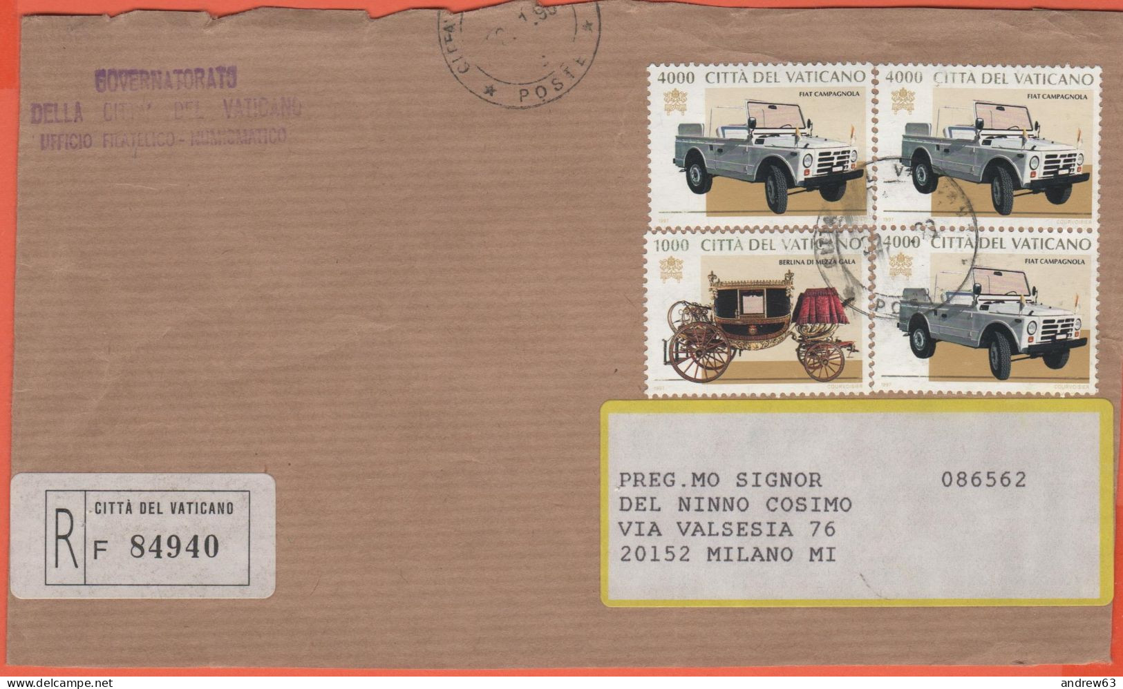 VATICANO - VATICAN - 1998 - 1000 Berlina Di Mezza Gala + 3 X 4000 Fiat Campagnola - Raccomandata - Viaggiata Da Città De - Storia Postale