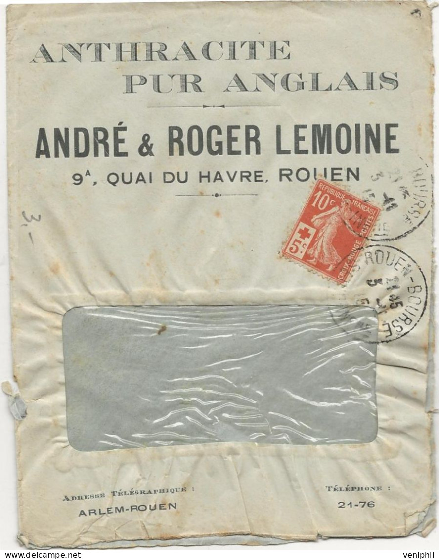 LETTRE AFFRANCHIE N° 147 CROIX ROUGE  - OBLITERE CAD ROUEN BOURSE  1915 - Brieven En Documenten