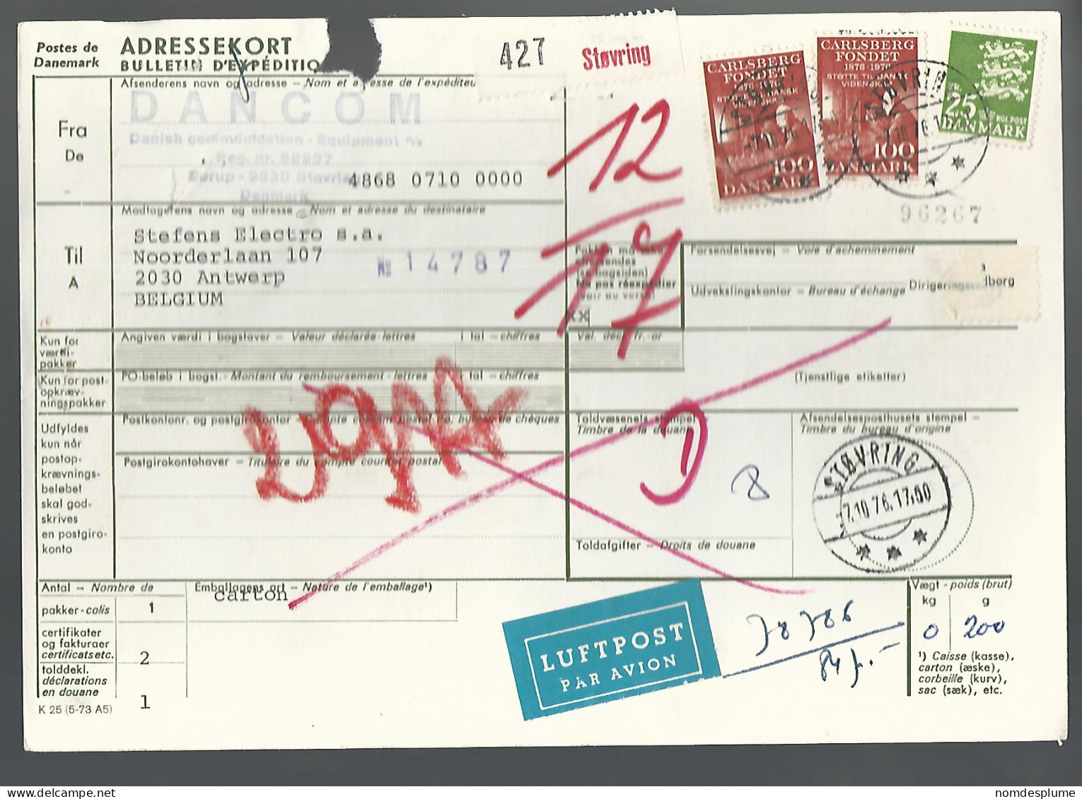 58444) Denmark Addressekort Bulletin D'Expedition 1976 Postmark Cancel Air Mail - Covers & Documents