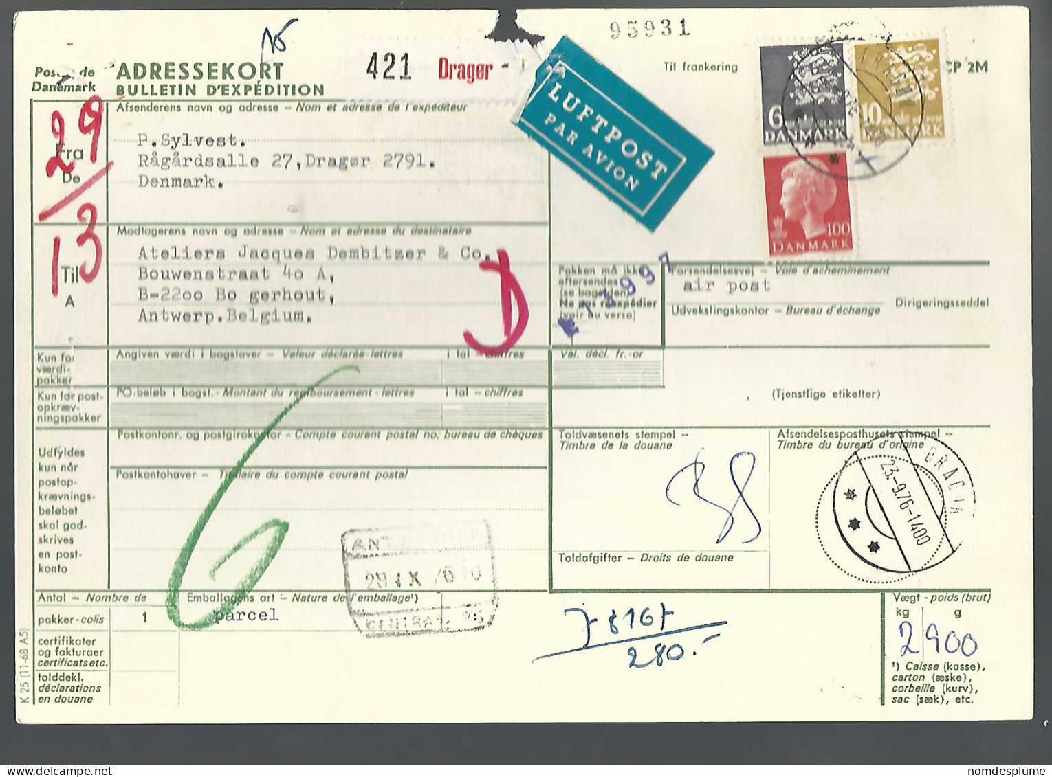 58445) Denmark Addressekort Bulletin D'Expedition 1976 Postmark Cancel Air Mail - Brieven En Documenten