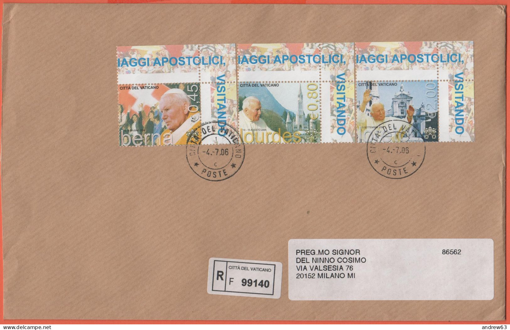 VATICANO - VATICAN - 2006 - 0,45 + 0,80 + 2,00€ Viaggi Di Giovanni Paolo II Nel Mondo (Serie Completa ADF) -Raccomandata - Cartas & Documentos