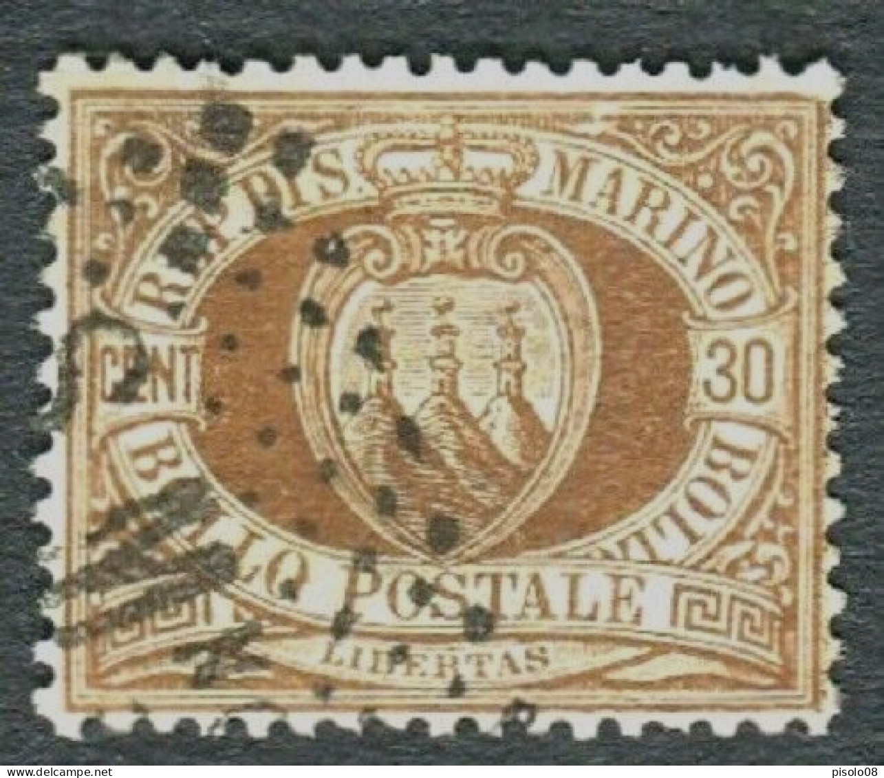 SAN MARINO 1877 CIFRA O STEMMA 30 C. USATO - Used Stamps