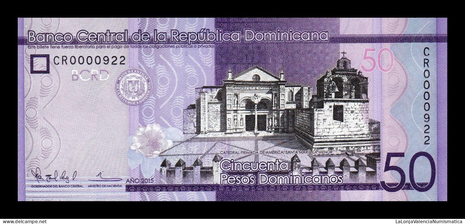 República Dominicana 50 Pesos Dominicanos 2015 Pick 189b Low Serial 922 Sc Unc - República Dominicana