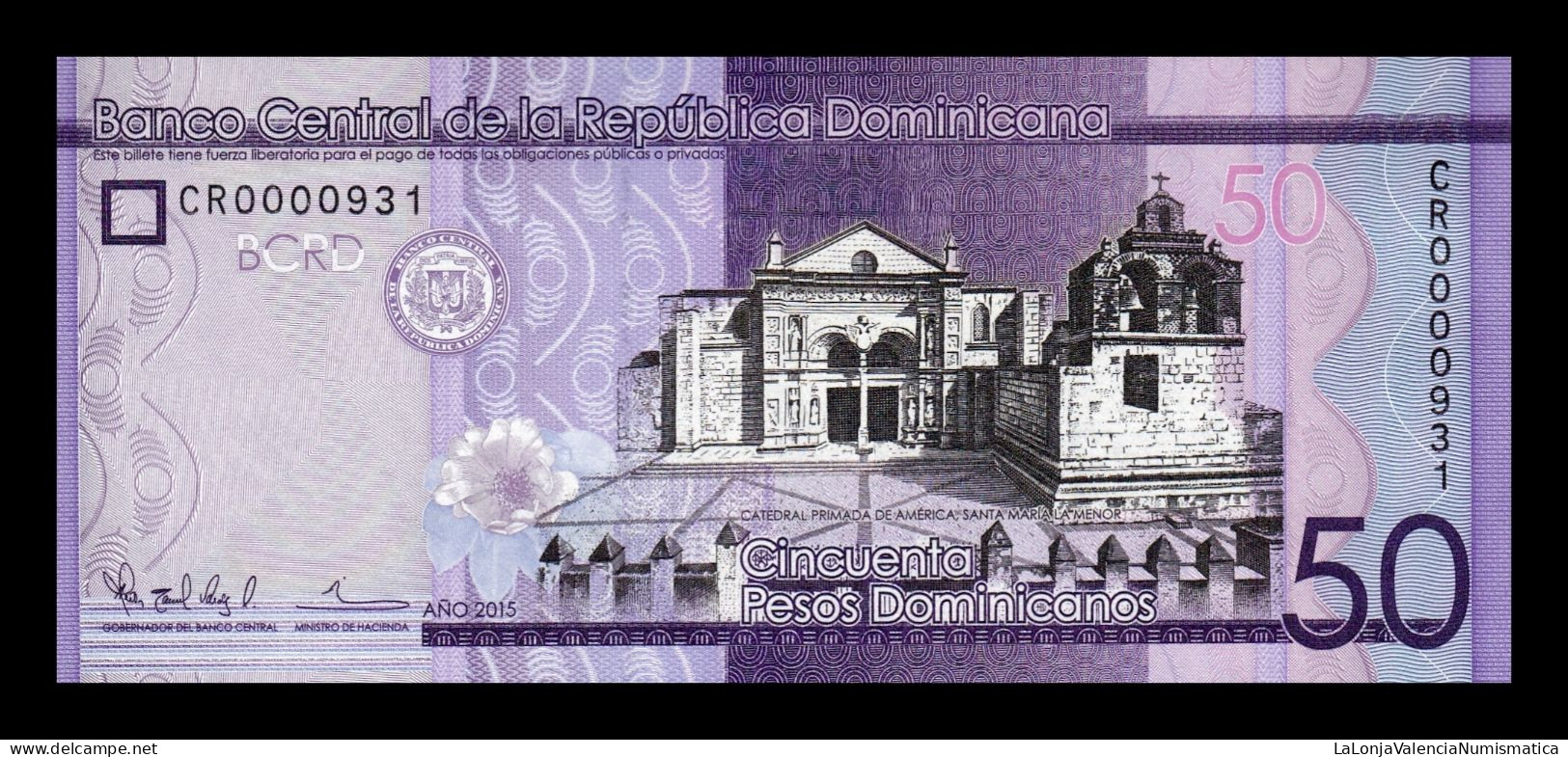 República Dominicana 50 Pesos Dominicanos 2015 Pick 189b Low Serial 931 Sc Unc - Dominicana