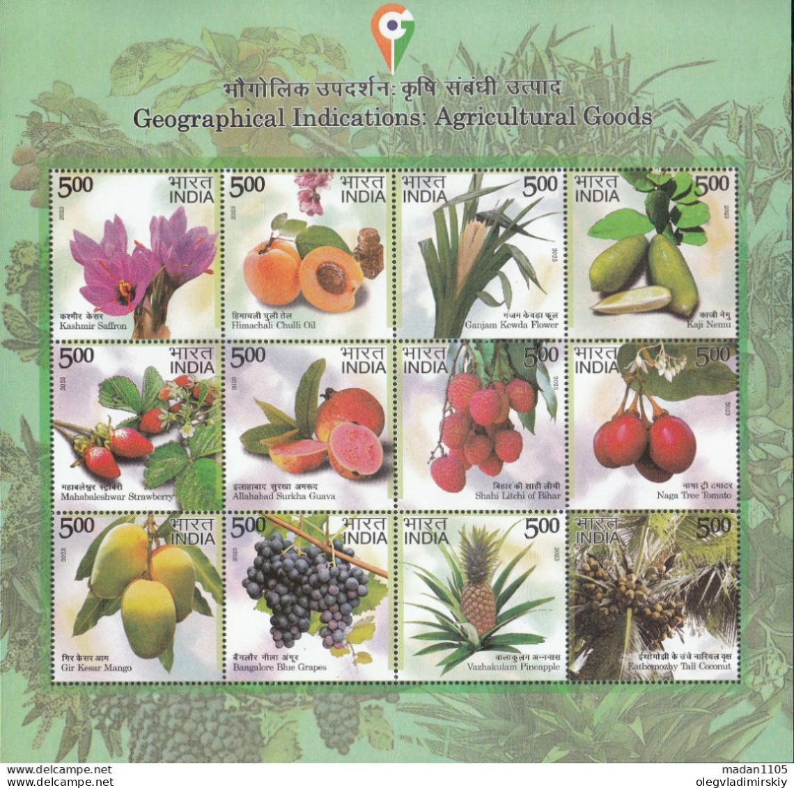 India 2023 Agricultural Geographical Goods Fruits Flowers Trees Set Of 12 Stamps In Sheetlet Mint - Blocchi & Foglietti