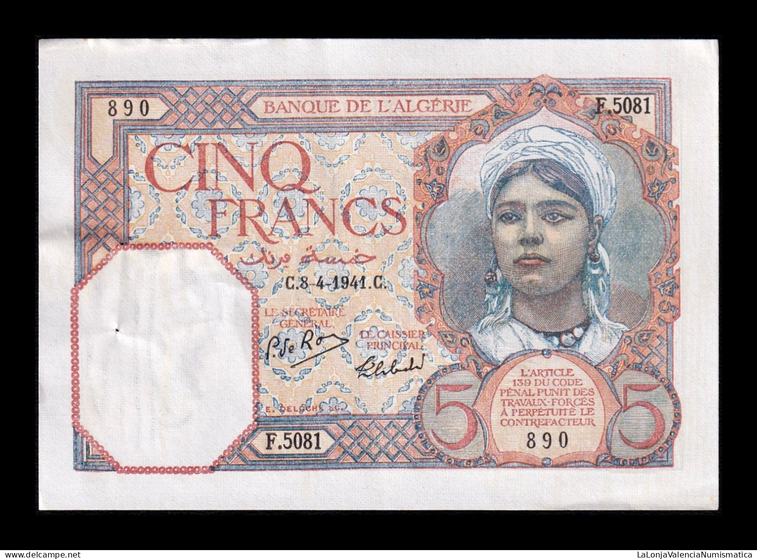 Argelia Algeria 5 Francs 1941 Pick 77b Ebc Xf - Algerien