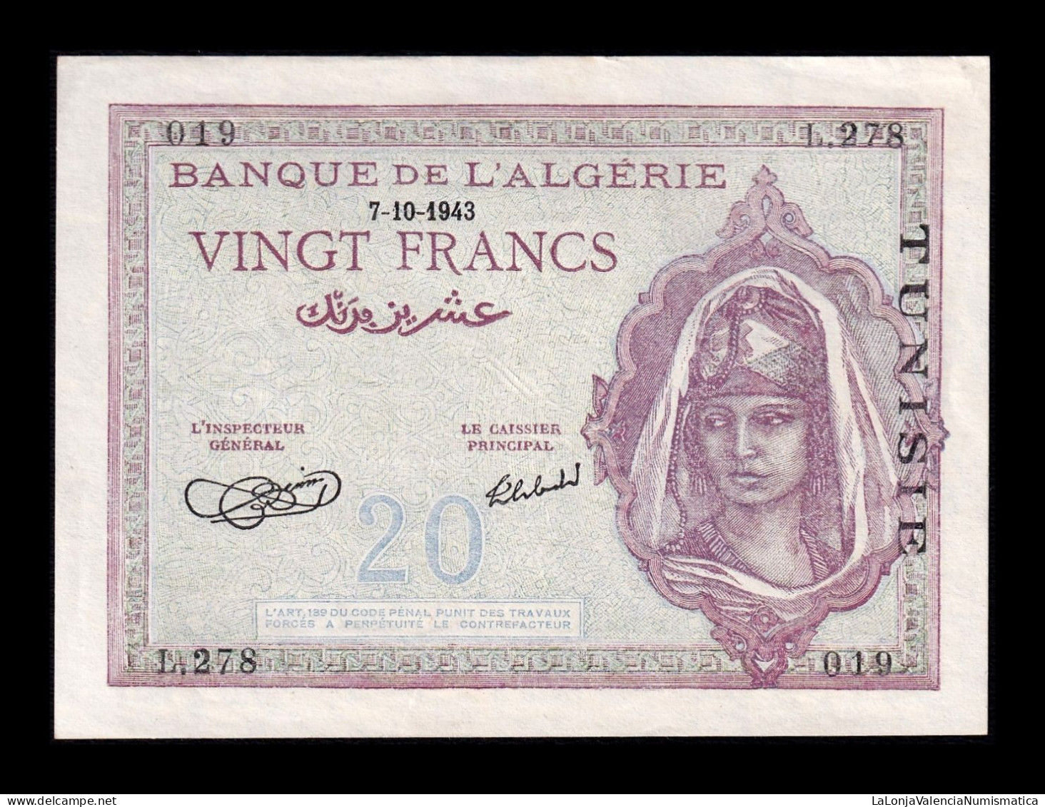 Argelia Algeria 20 Francs 1943 Pick 92a Sc- AUnc - Algérie