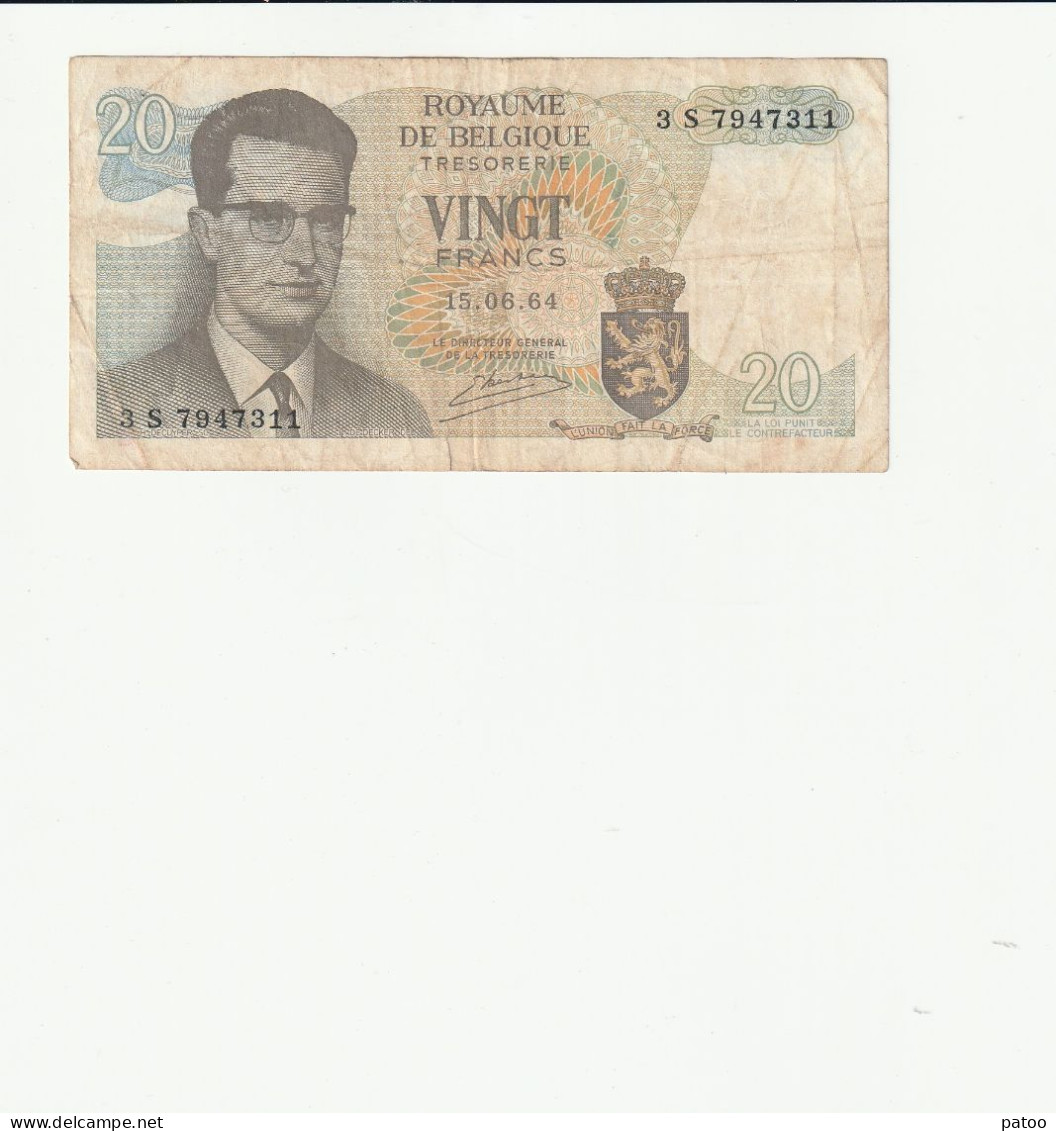 1  BILLET  BELGIQUE  20  FRANCS  15/06/64 .  VENDU EN L'ETAT - 20 Francs