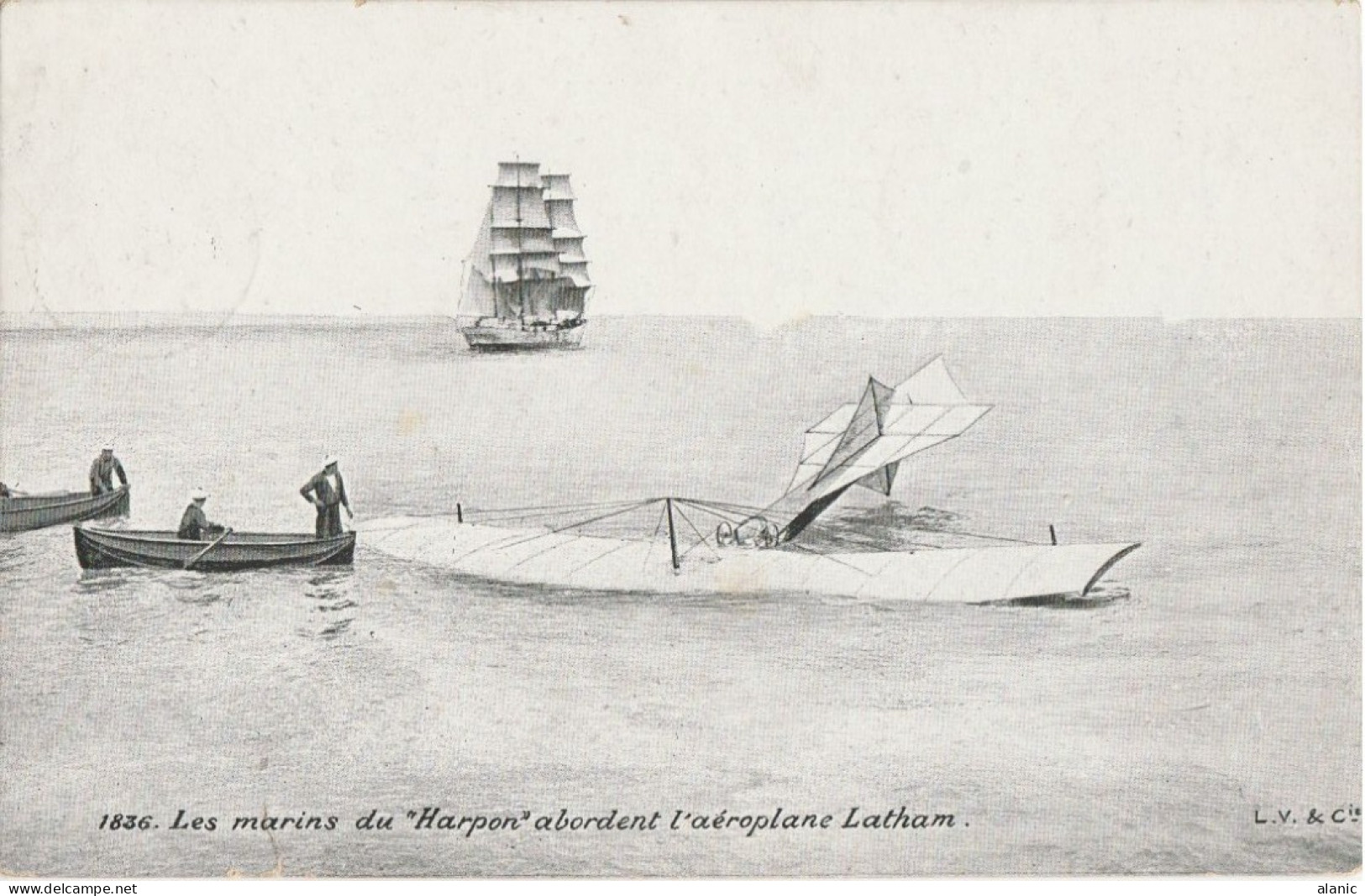 CPA-PRECURSEUR-LES MARINS DU HARPON ABORDENT L'AEROPLANE LATHAM-PUBLICITE-CIRCULEE-K.D.FELDPOST STATION N°22 - Incidenti