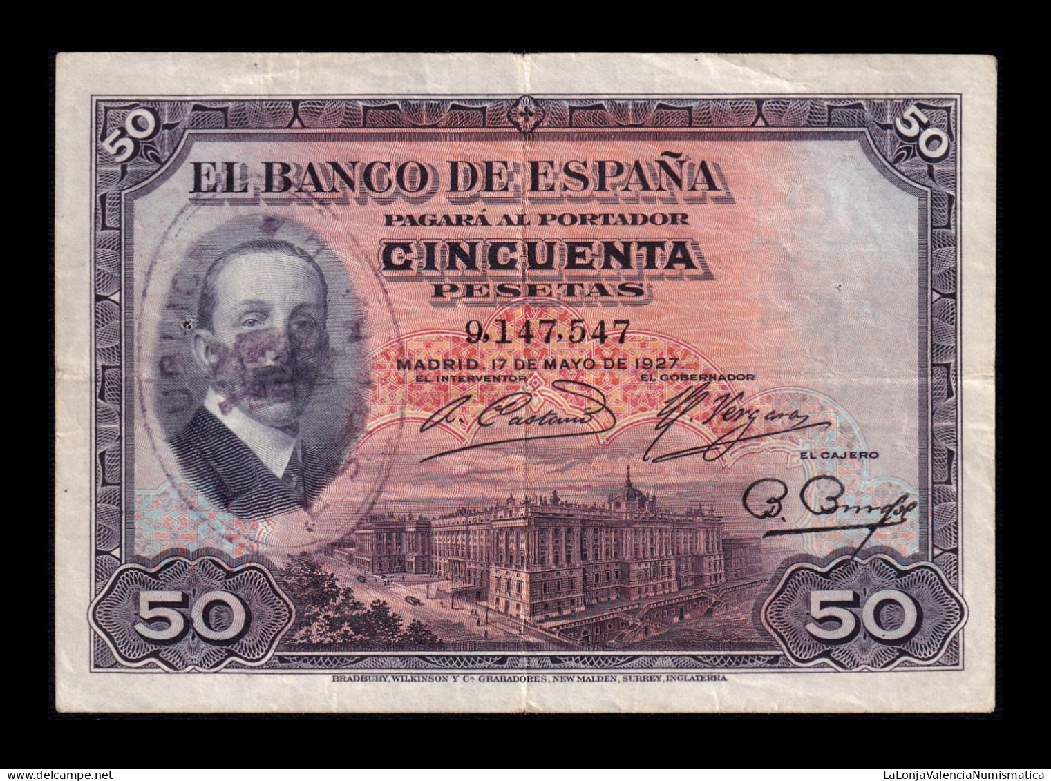 España Spain 50 Pesetas Alfonso XIII 1927 (1931) Pick 80 Con Sello República Española Mbc Vf - 50 Peseten