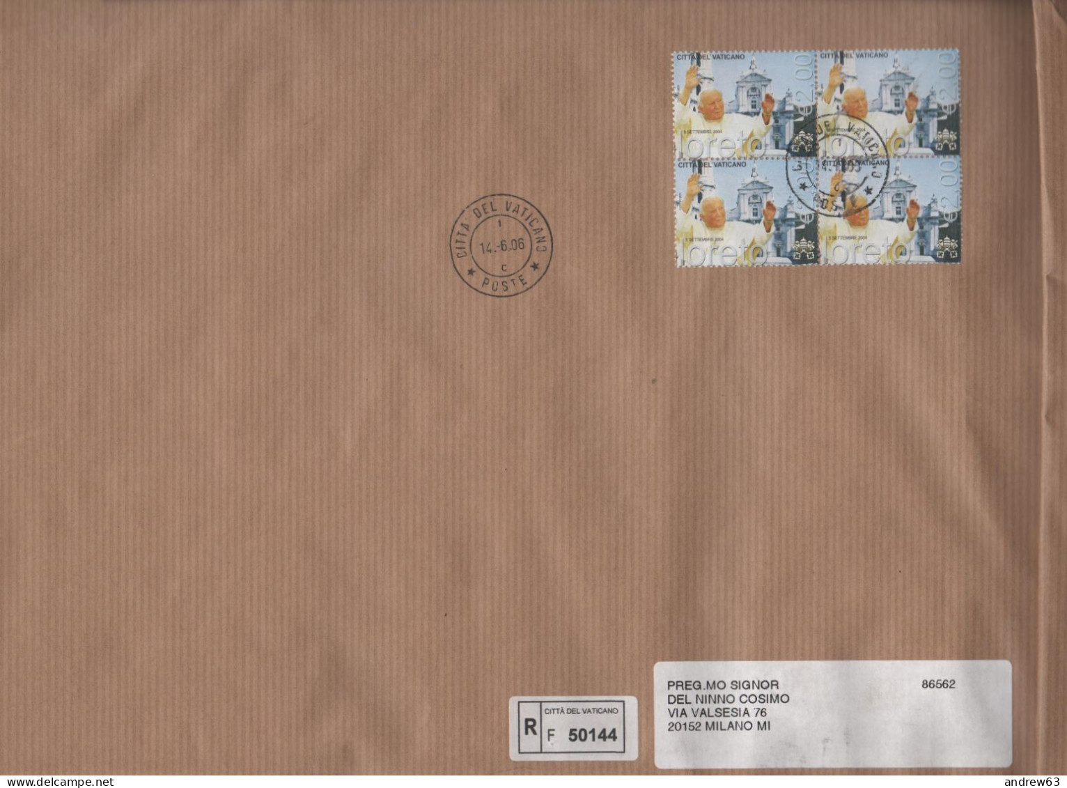 VATICANO - VATICAN - 2006 - Block Of 4 X 2,00€ Viaggi Di Giovanni Paolo II Nel Mondo-Loreto - Raccomandata - Viaggiata D - Storia Postale