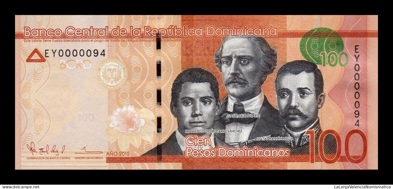 República Dominicana 100 Pesos Dominicanos 2015 Pick 190b Low Serial 94 Sc Unc - República Dominicana