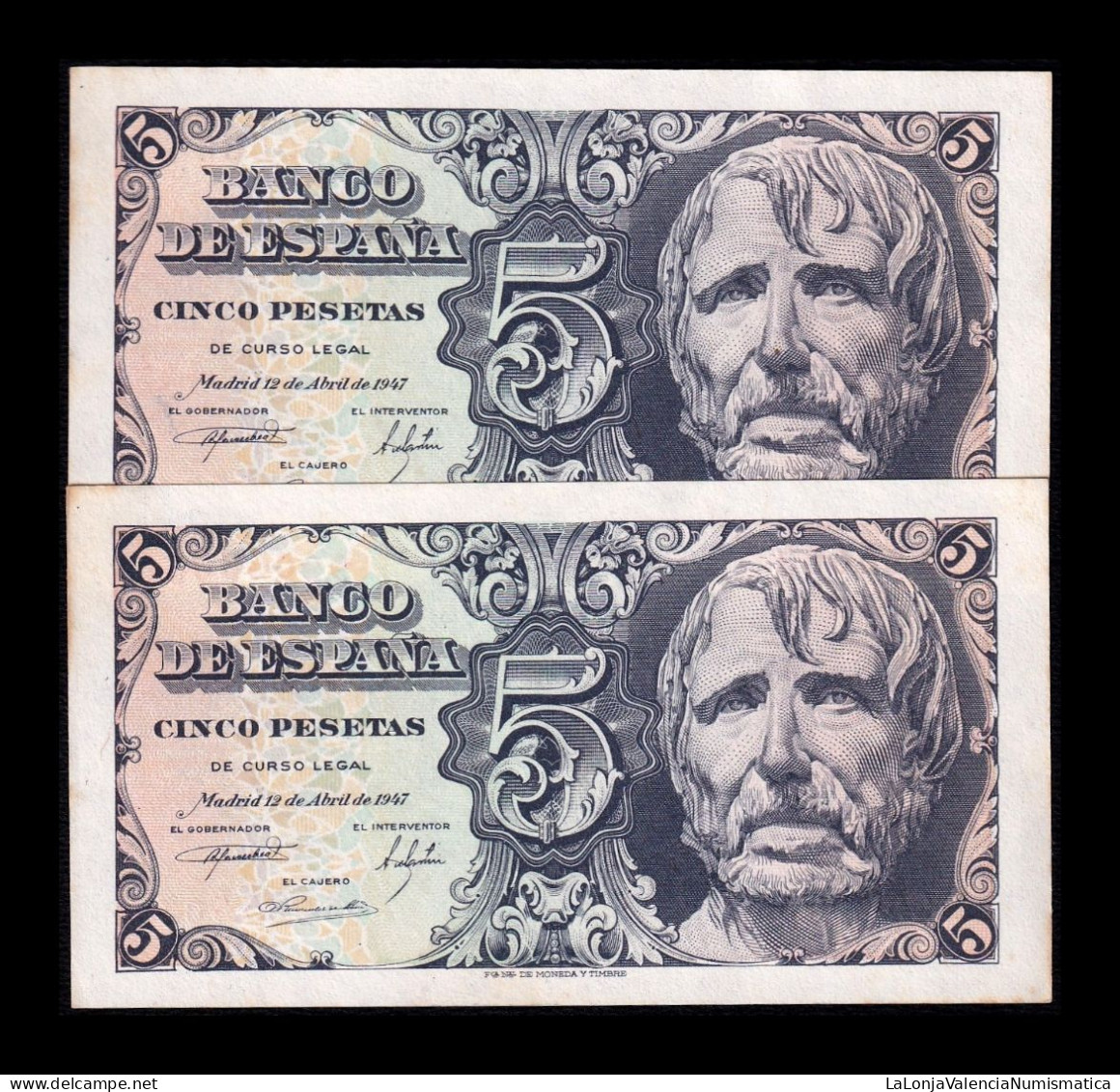 España Spain Pareja 5 Pesetas Seneca 1947 Pick 134 Sin Serie Sc- AUnc - 5 Pesetas