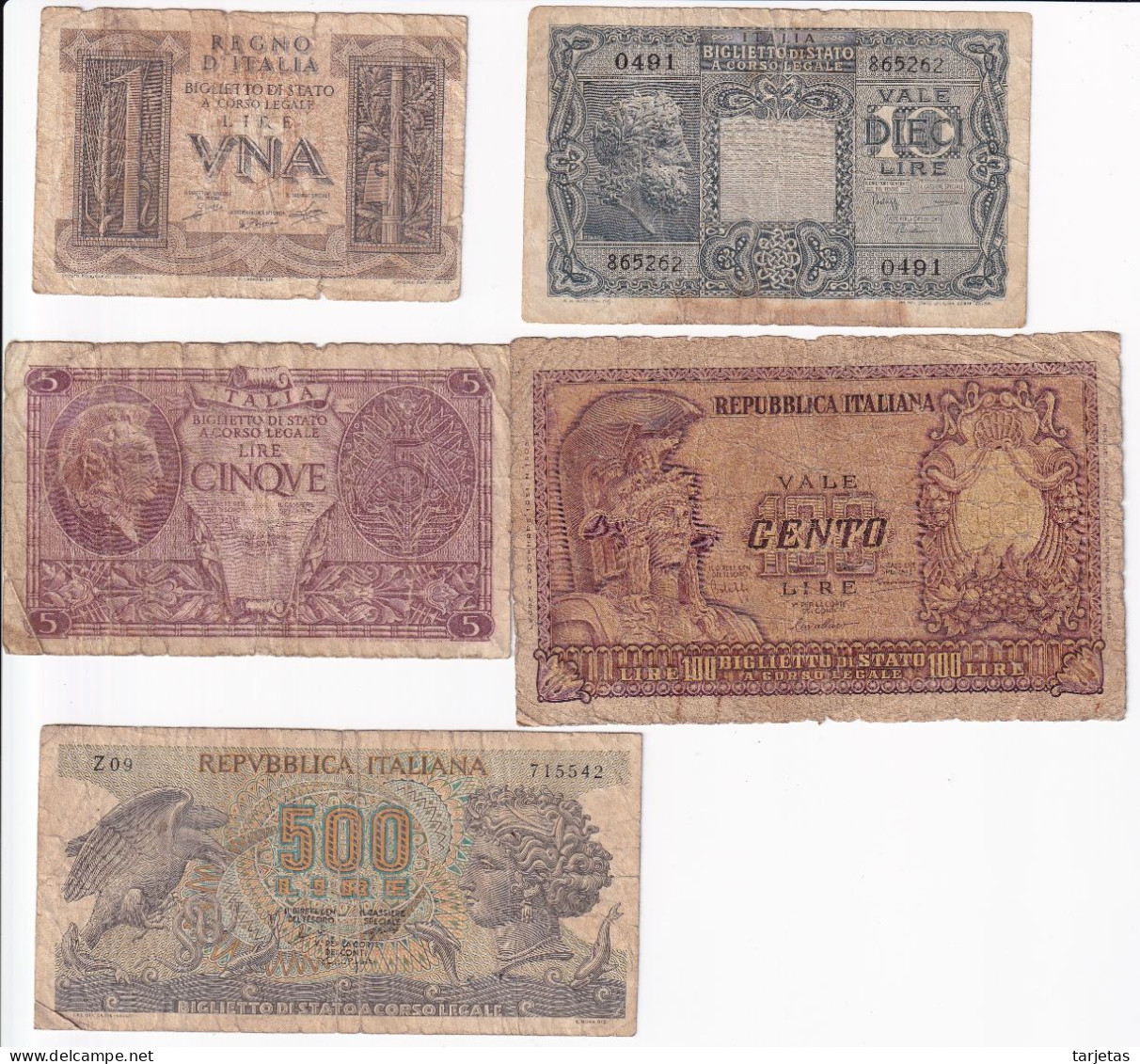 LOTE DE 5 BILLETES DIFERENTES DE ITALIA DE LOS AÑOS 1939 A 1966  (BANKNOTE) - [ 9] Colecciones