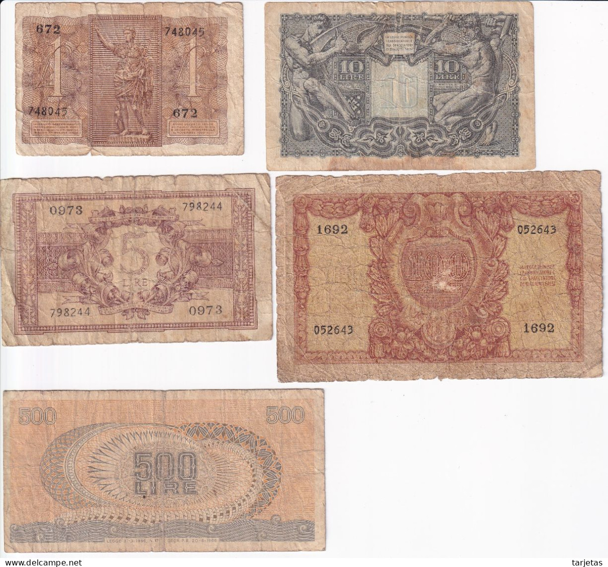 LOTE DE 5 BILLETES DIFERENTES DE ITALIA DE LOS AÑOS 1939 A 1966  (BANKNOTE) - [ 9] Colecciones