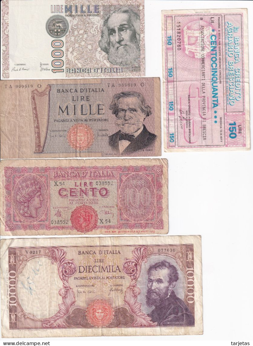 LOTE DE 5 BILLETES DIFERENTES DE ITALIA DE LOS AÑOS 1944 A 1982  (BANKNOTE) - [ 9] Sammlungen