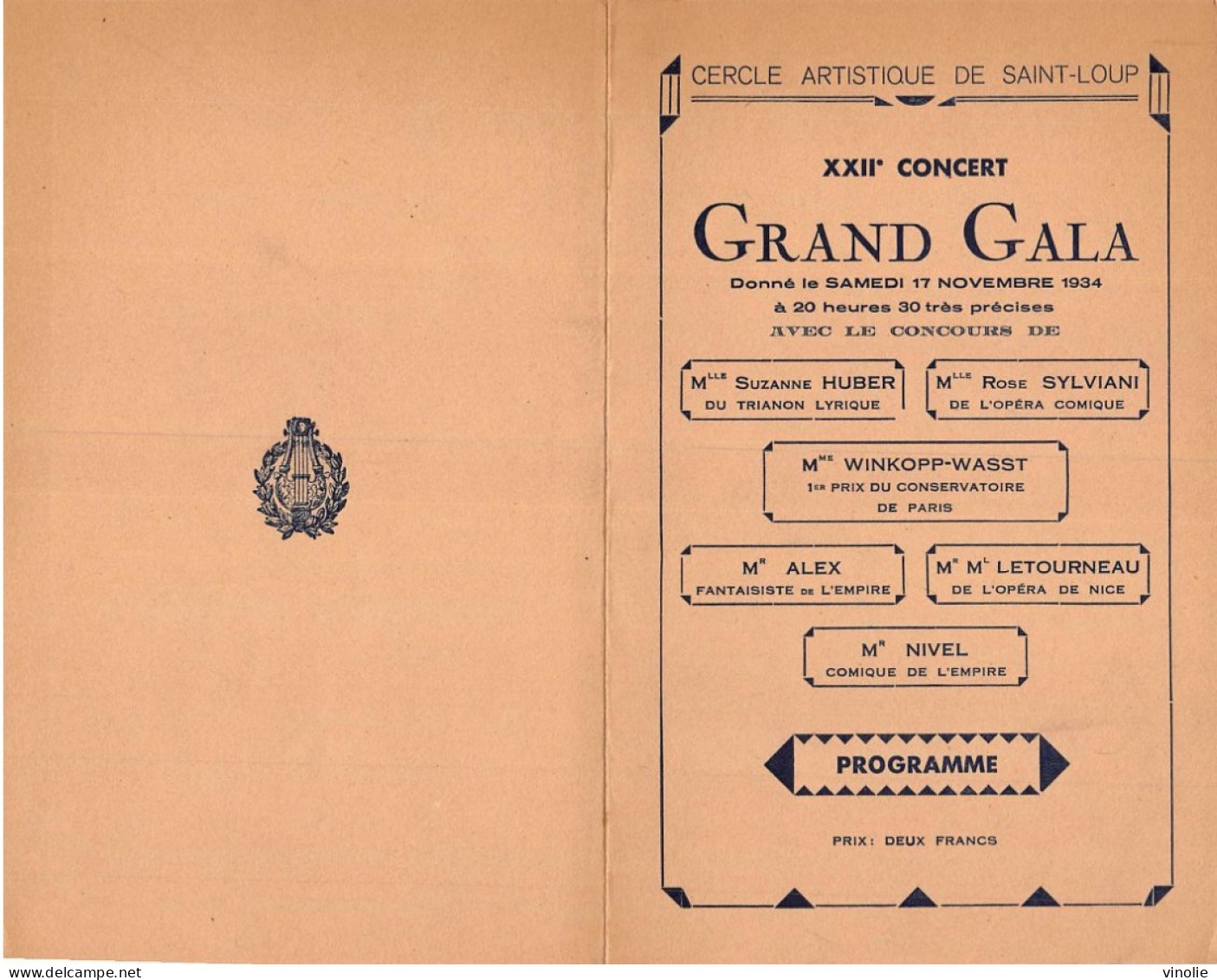 PIE-GF-23-MU-543 : PROGRAMME GRAND GALA  CERCLE ARTISTIQUE DE SAINT-LOUP.  17 NOVEMBRE 1934 - Saint-Loup-sur-Semouse