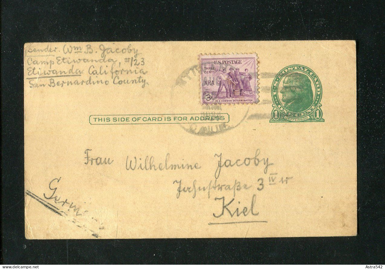 "USA" 1934, Postkarte Mit Zusatzfrankatur Ex ELIWANDA Nach Kiel (12755) - 1921-40