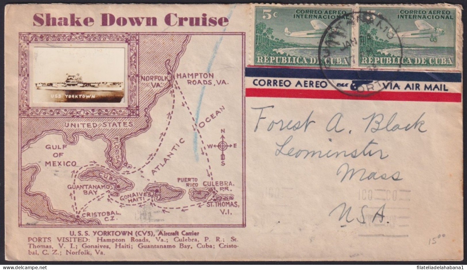 1931-H-111 CUBA 1938 PAQUEBOT GUANTANAMO SHAKE DOWN CRUISE WITH PHOTO.  - Covers & Documents