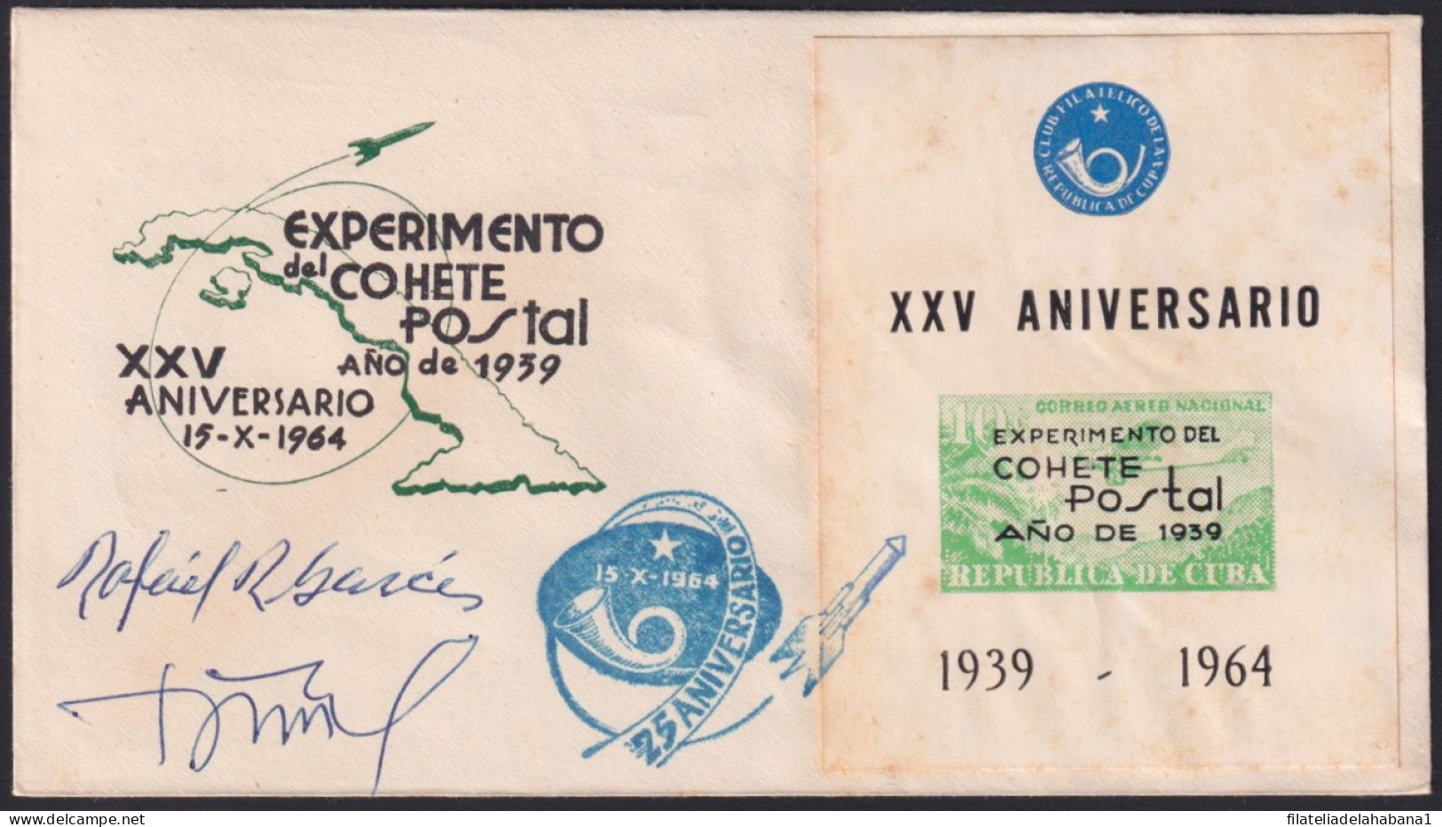 1964-CE-43 CUBA 1964 SPECIAL CANCEL COHETE POSTAL ROCKET SIGNED TERRY.  - Poste Aérienne