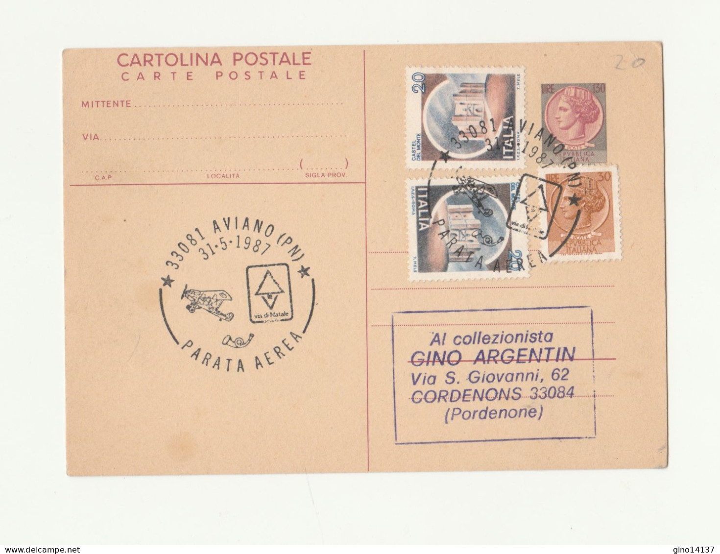 INTERO POSTALE CON ANNULLO PARATA AEREA AVIANO / FRIULI 1987 - VIA DI NATALE CRO - Manifestazioni