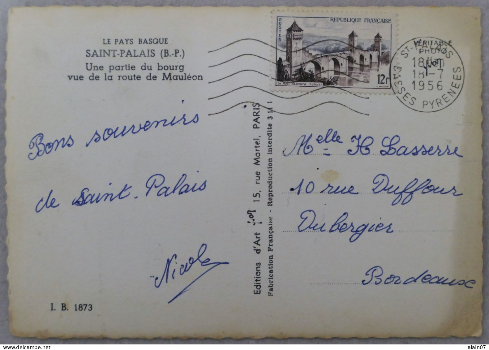 Carte Postale : 64 : SAINT-PALAIS : Une Partie Du Bourg Vue De La Route De Mauléon, Timbre En 1956 - Saint Palais