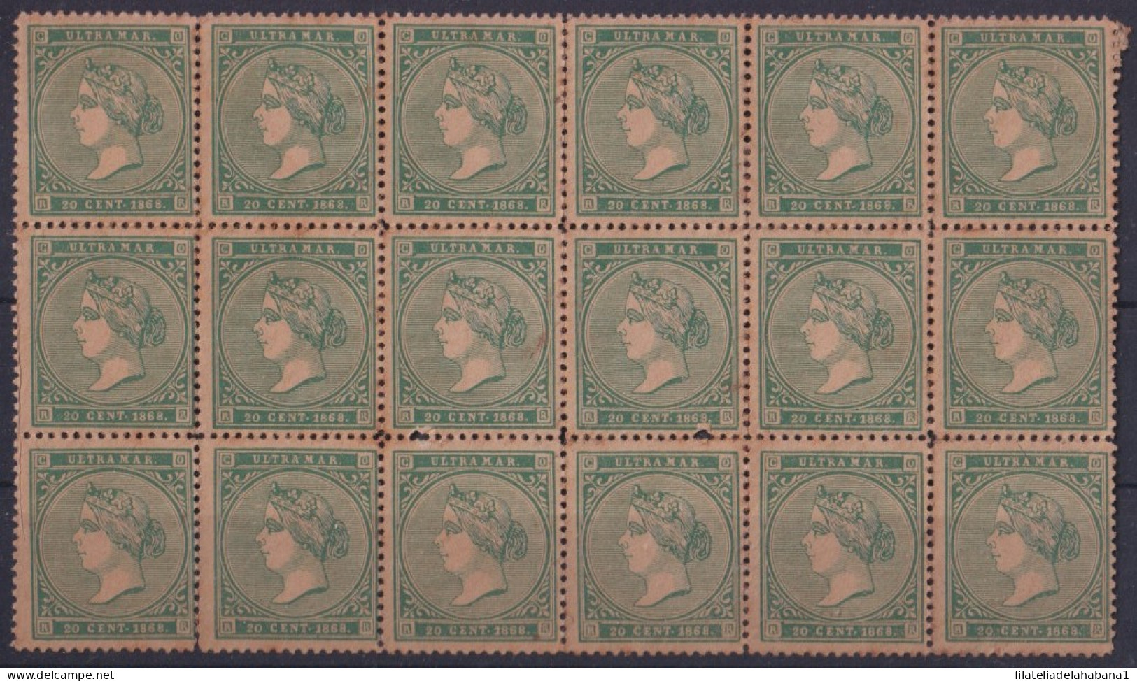 1868-134 CUBA SPAIN 1868 ISABEL II 20c FACSIMIL FORGERY BLOCK OF 18. - Prefilatelia