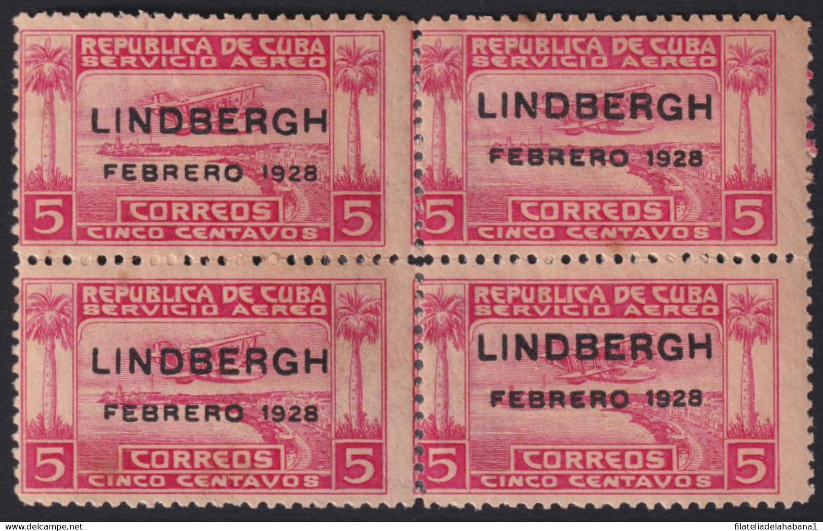 1928-178 CUBA REPUBLICA 1928 MH LINDBERGH OVERPRINT. CHARNELA REFORZANDO EL BLOQUE. - Neufs