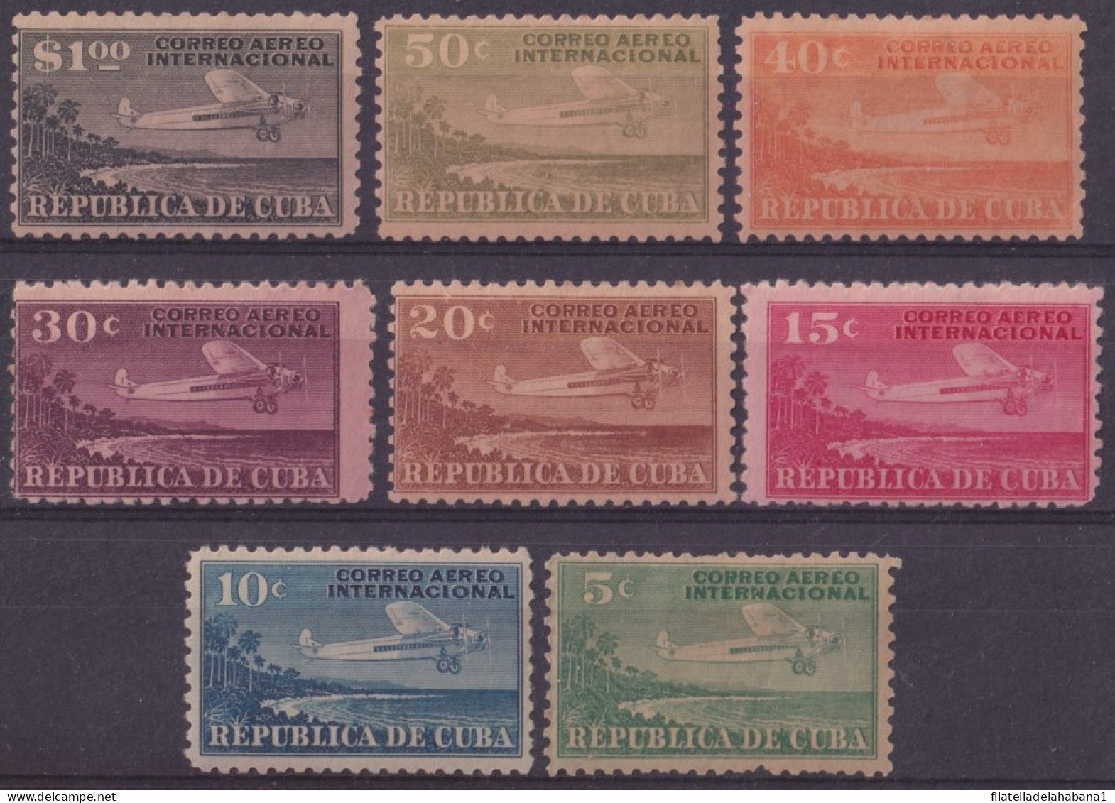 1930-102 CUBA REPUBLICA 1929 INAUGURACION SERVICIO AEREO INTERNACIONAL AVION AIRPLANE LIGERAS MANCHAS SET. - Nuovi
