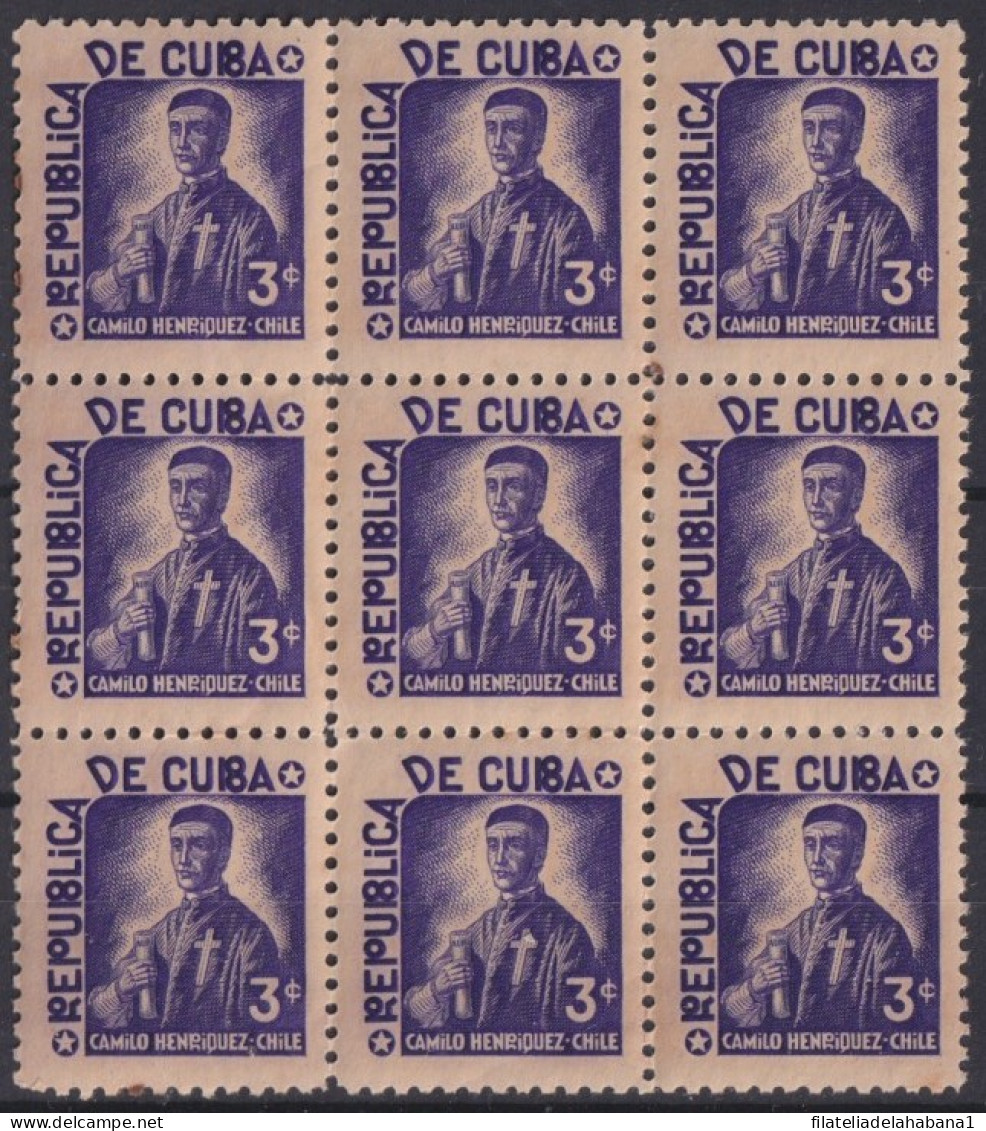 1937-456 CUBA REPUBLICA 1937 3c CHILE CAMILO HENRIQUEZ ESCRITORES Y ARTISTAS ORIGINAL GUM BLOCK 9. - Neufs