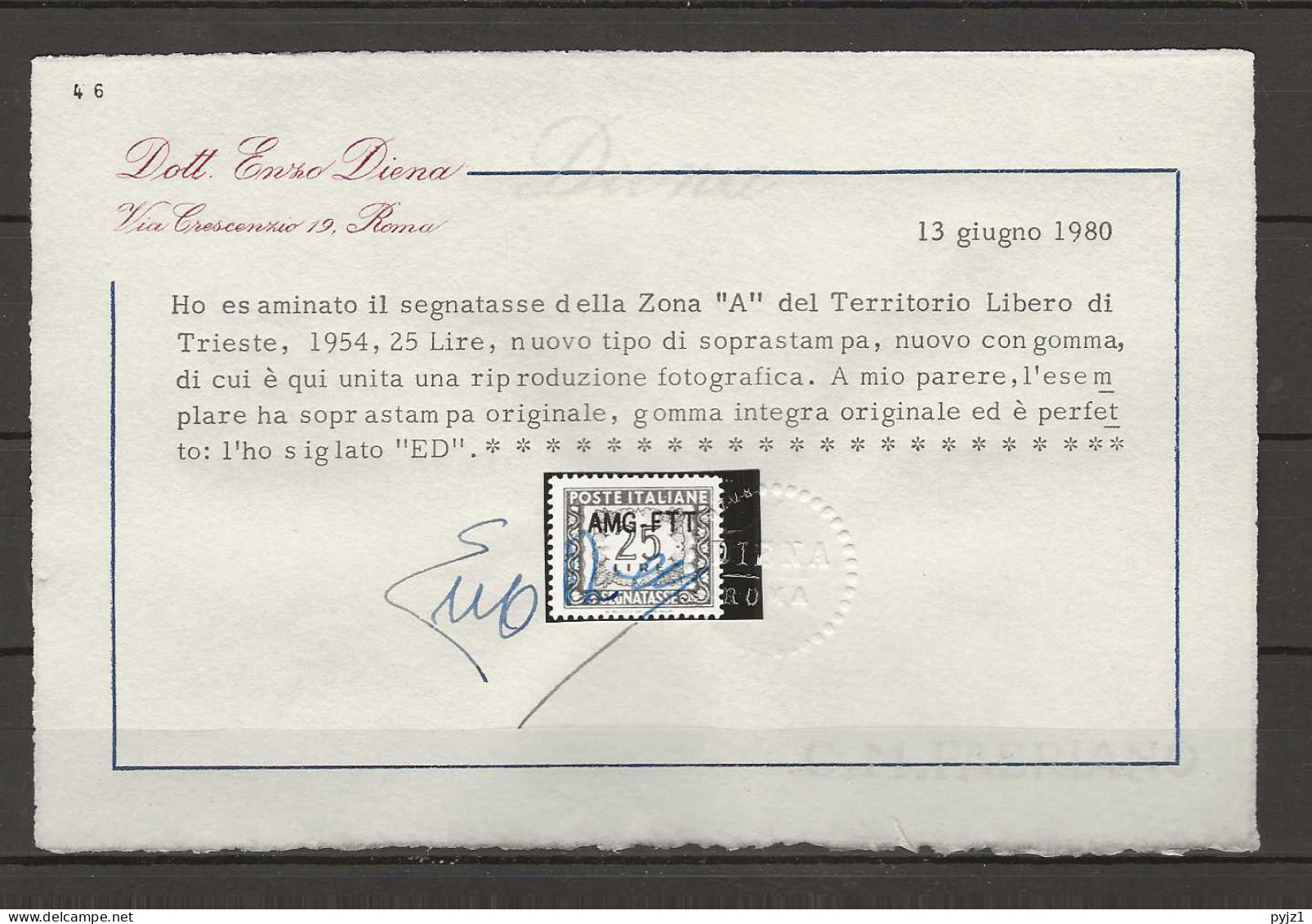 1954 MNH Triest, Sassone Segnatasse 25A Certificate Diena Postfris** - Segnatasse