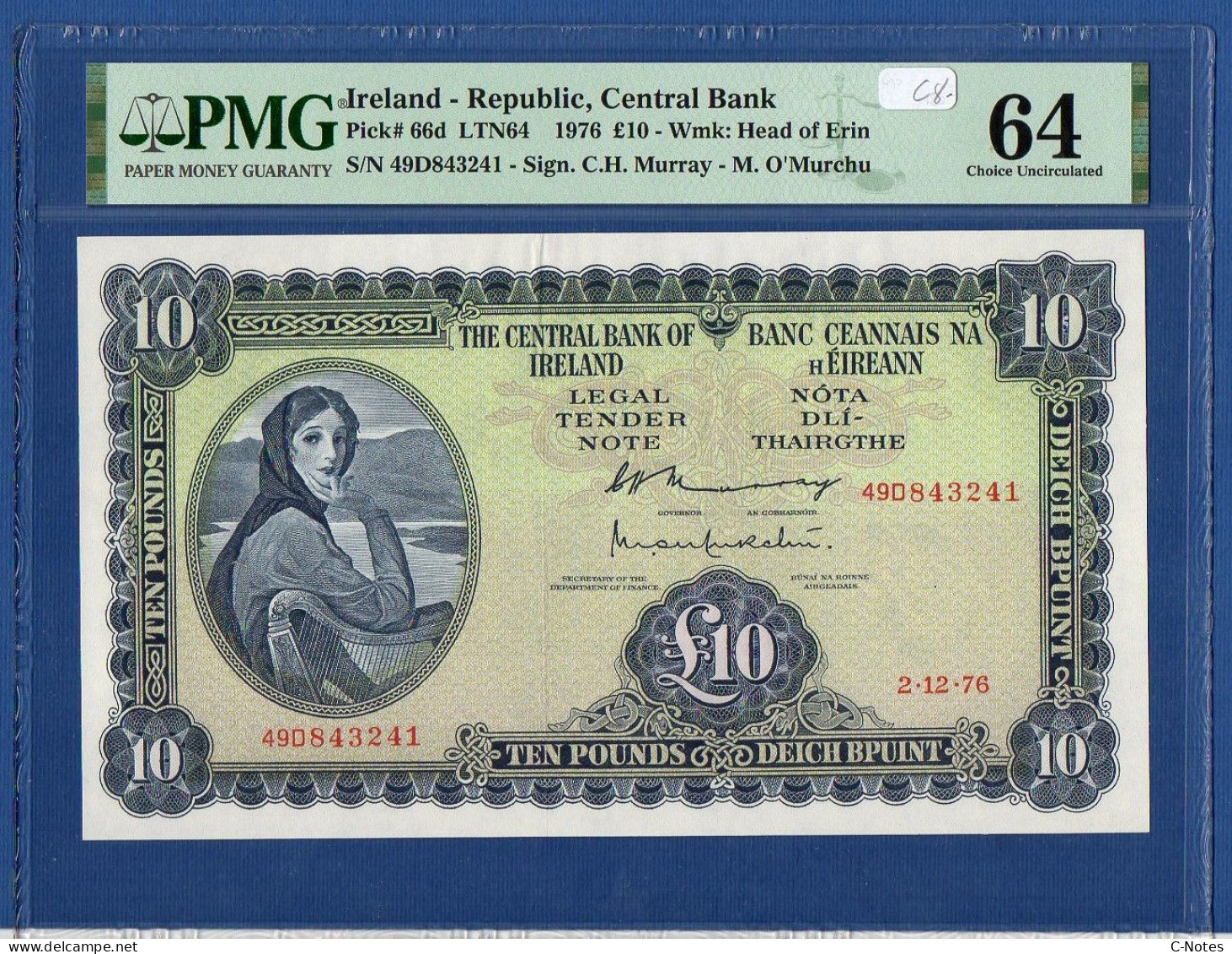 IRELAND - P.66d –  10 Pounds 2.12.1976 AUNC / PMG 64, S/n 49D843241 - Ireland