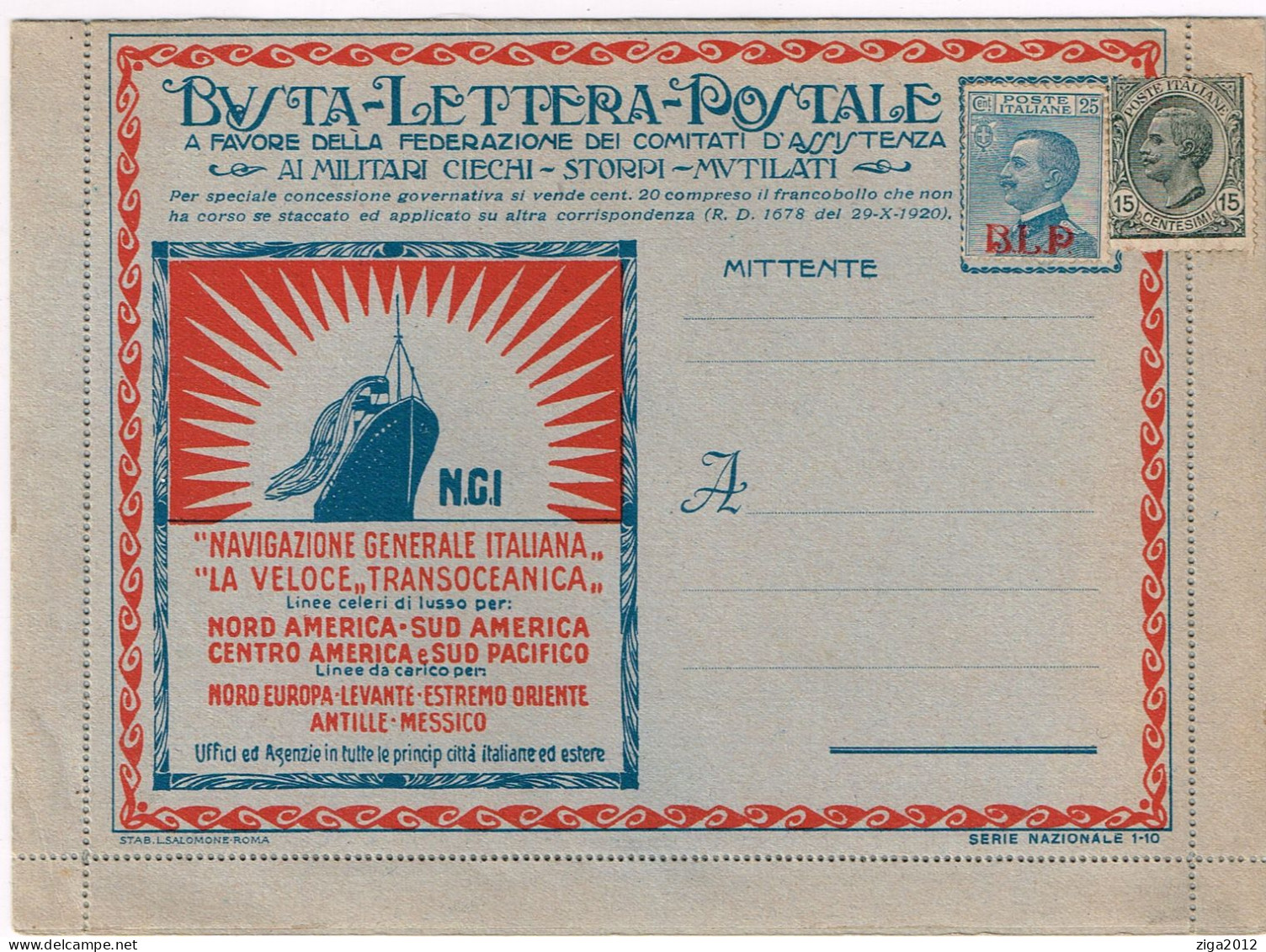 ITALY 1921 B.L.P. BUSTA LETTERA POSTALE CON C.25 I° TIPO NUOVA E COMPLETA - Publicité