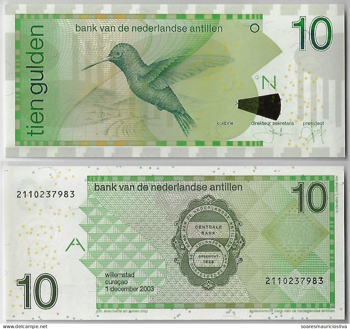 Banknote Netherlands Antilles 10 Gulden 2003 Pick-28c Hummingbird Bird Fauna Animal Uncirculated (catalog US$45) - Autres - Amérique