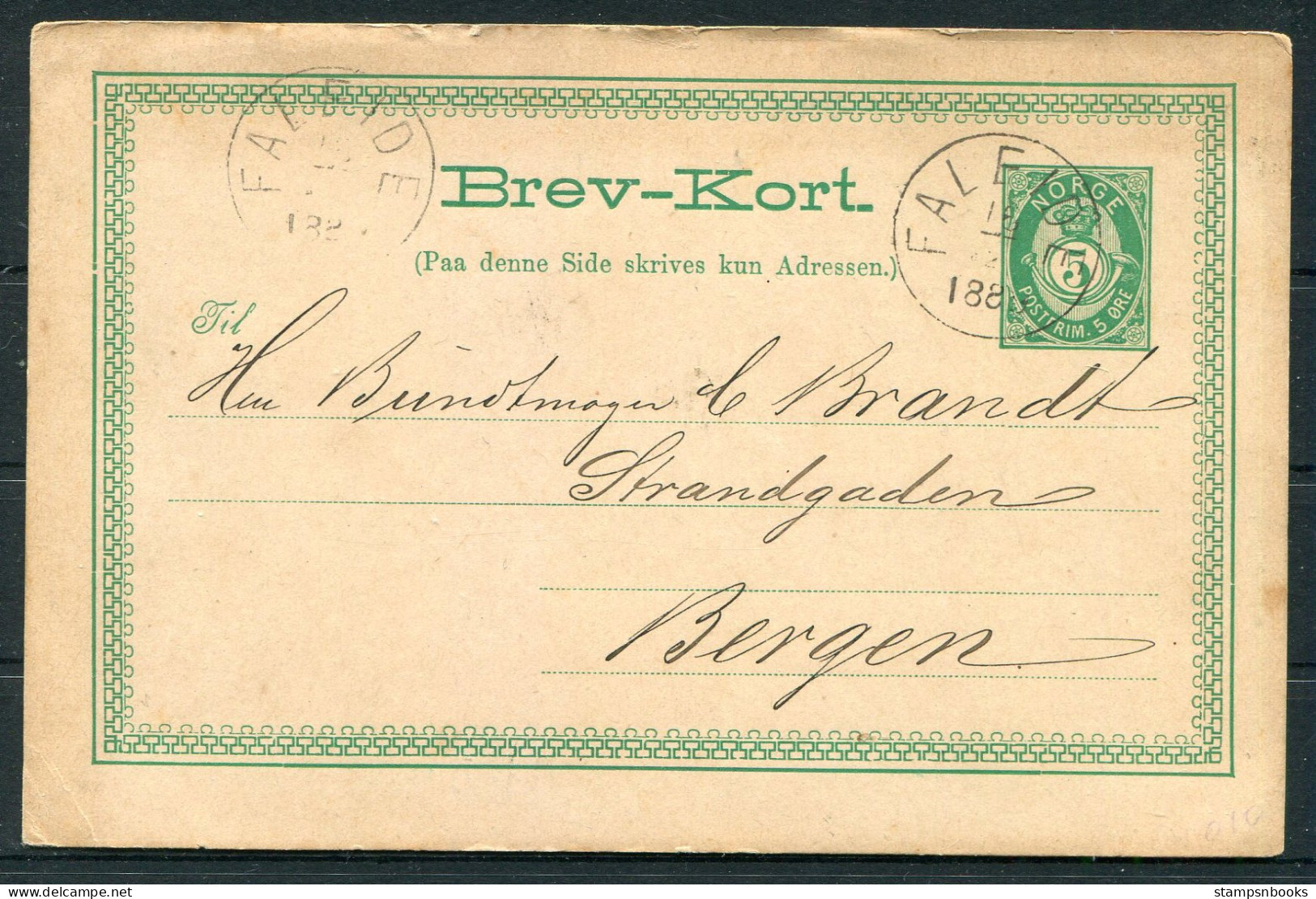 1889 Norway 5 Ore Stationey Postcard Faleide - Bergen  - Brieven En Documenten