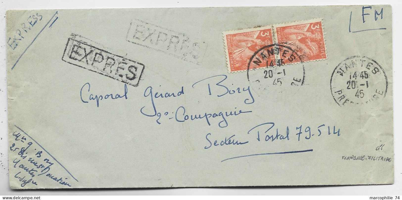 IRIS 3FR ORANGE PAIRE LETTRE FM EXPRES NANTES 20.1.1945 AU TARIF RARE - 1939-44 Iris