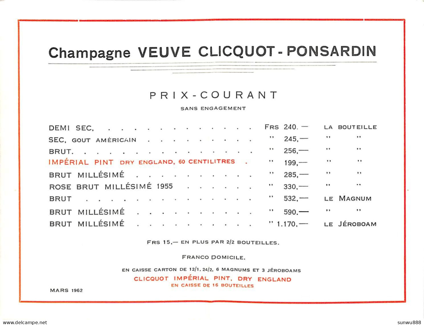 Champagne Veuve Clicquot Ponsardin Reims Prix-Courant 1962 - Alimentos